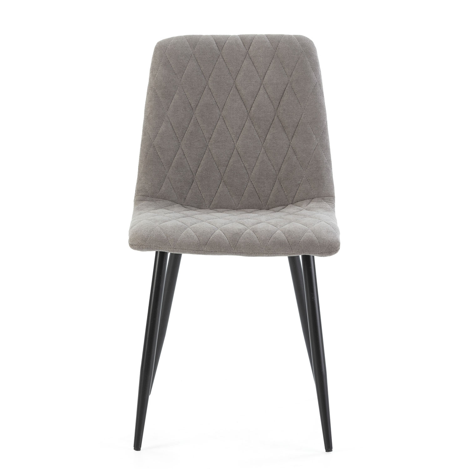 Silla tapizada gris con patrón de diamantes y patas negras.
