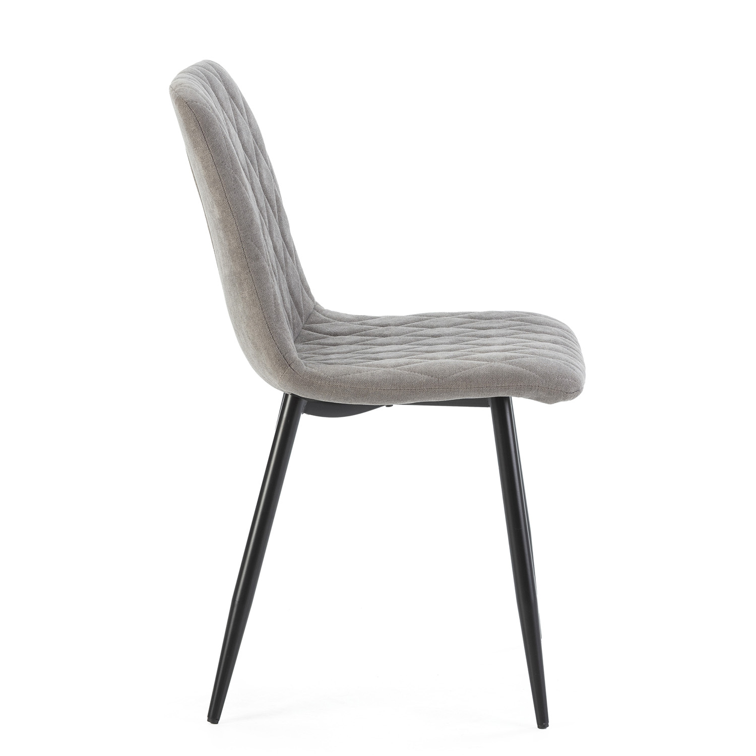 Una silla gris con asiento y respaldo acolchados, sobre patas negras delgadas.