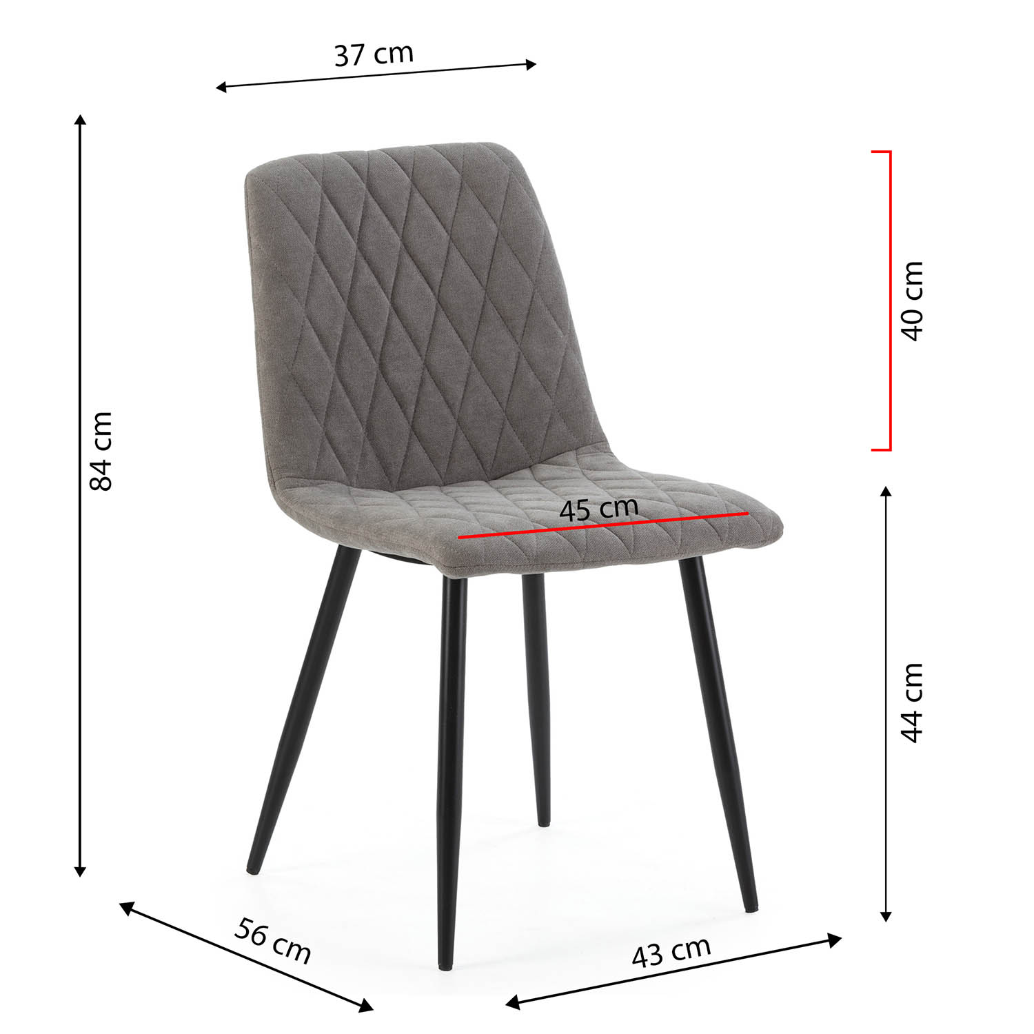 Silla gris con acolchado de rombos, patas negras. Dimensiones 84x37x43 cm.