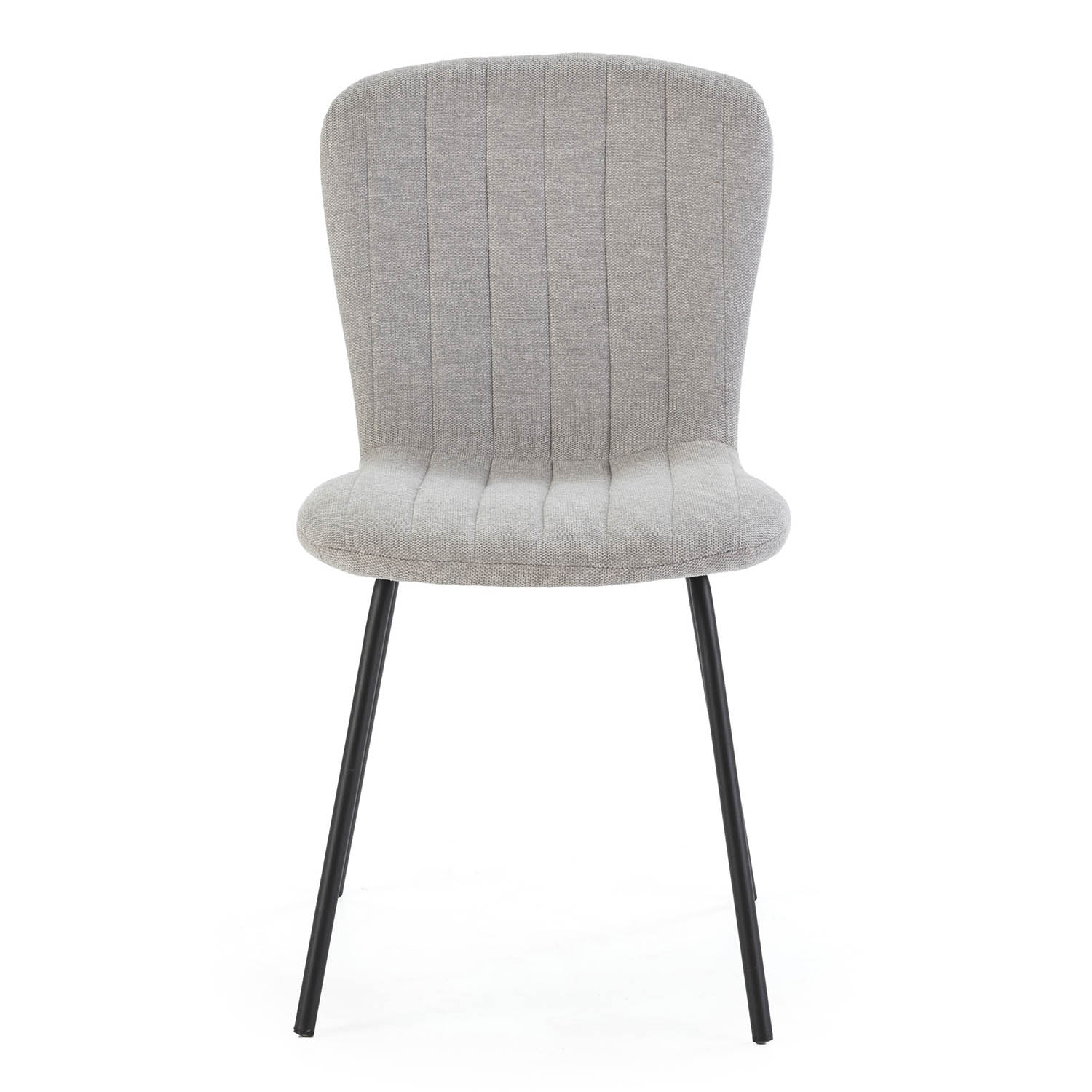 Una silla tapizada gris con patas de metal negro.