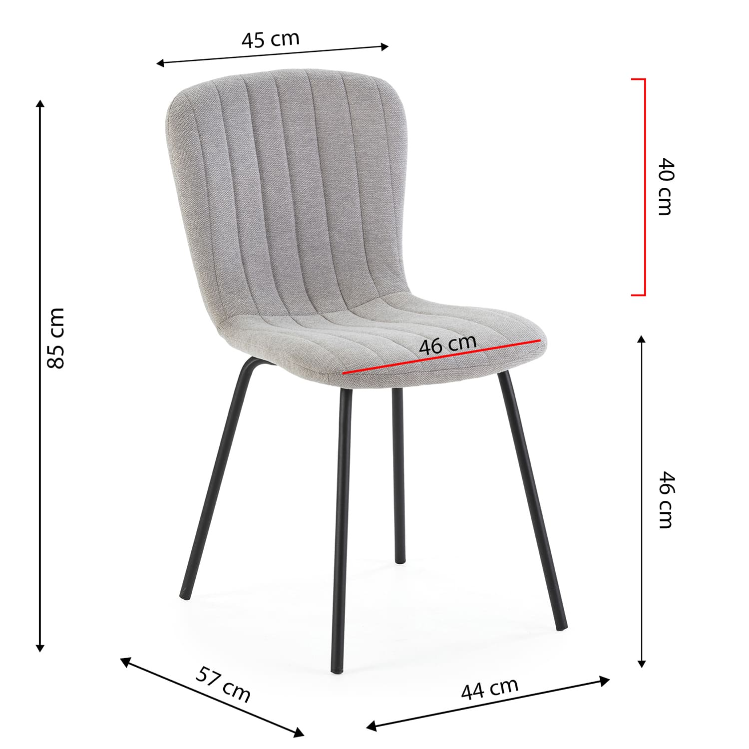 Silla de tela gris con patas negras, se muestran las dimensiones.