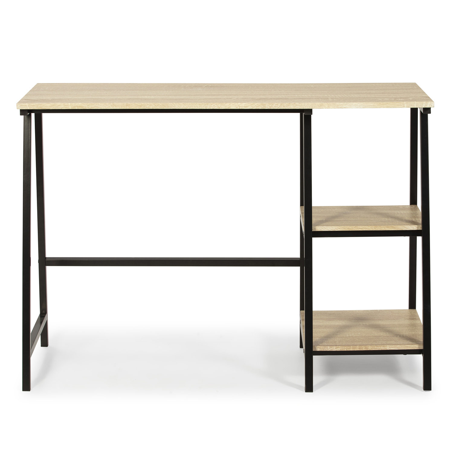 Un escritorio de madera clara con patas de metal negro y dos estantes.