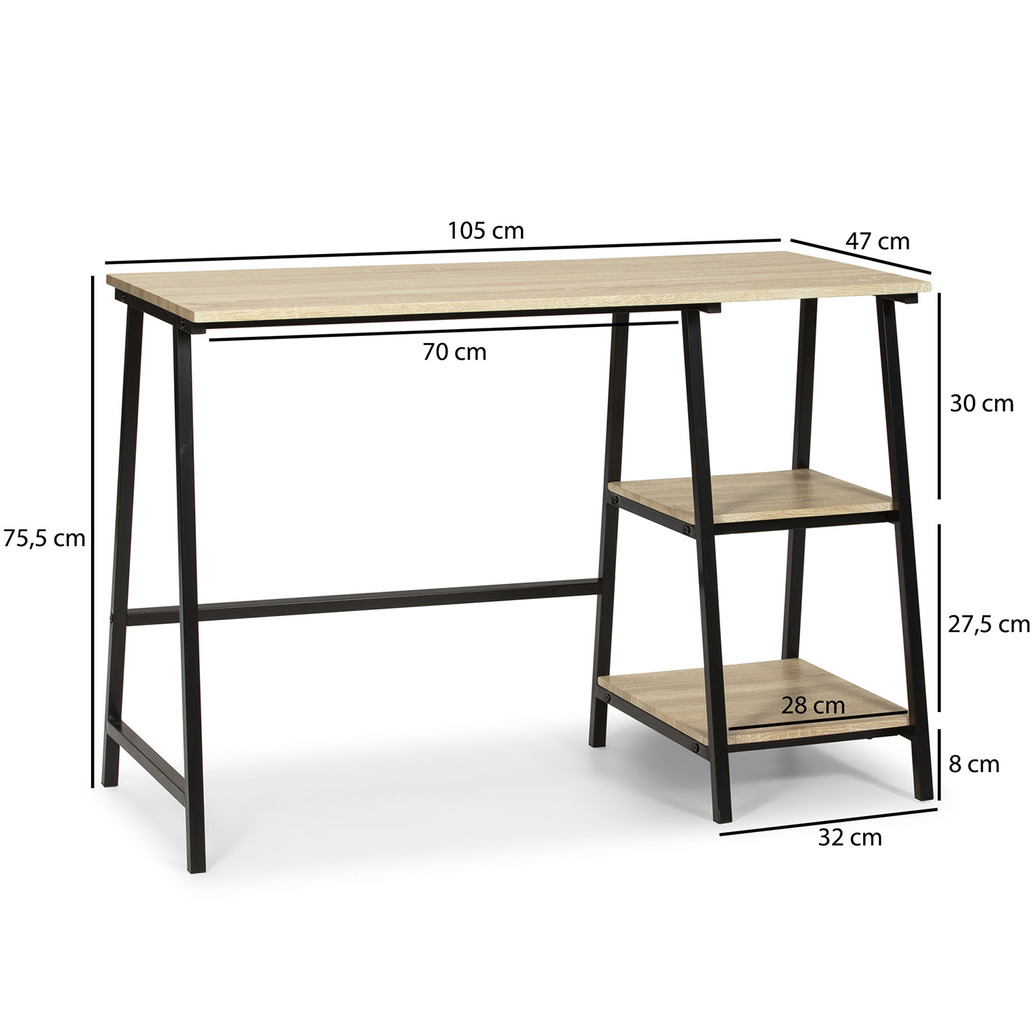 Un escritorio de madera clara con patas de metal negro y dos estantes.