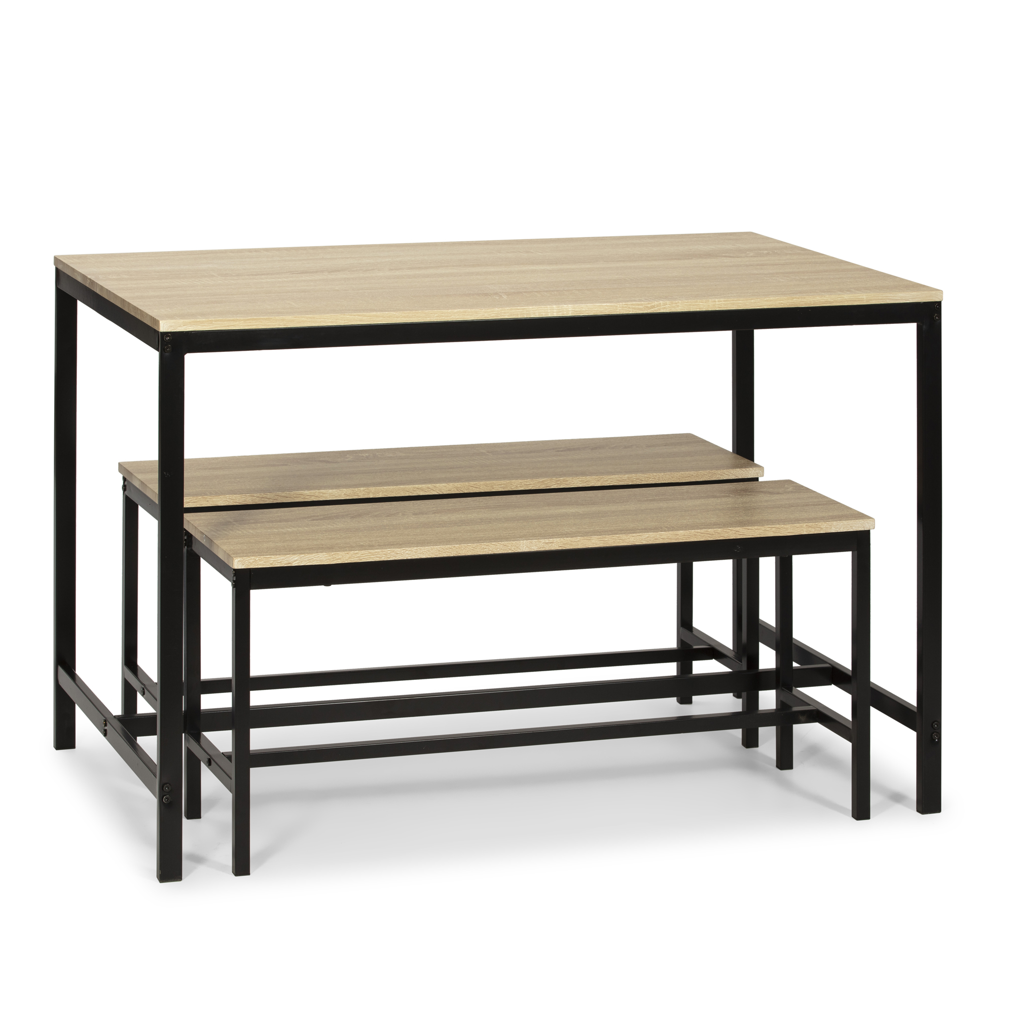 Una mesa con dos bancos debajo, todo con tapas de madera y marcos de metal negro.