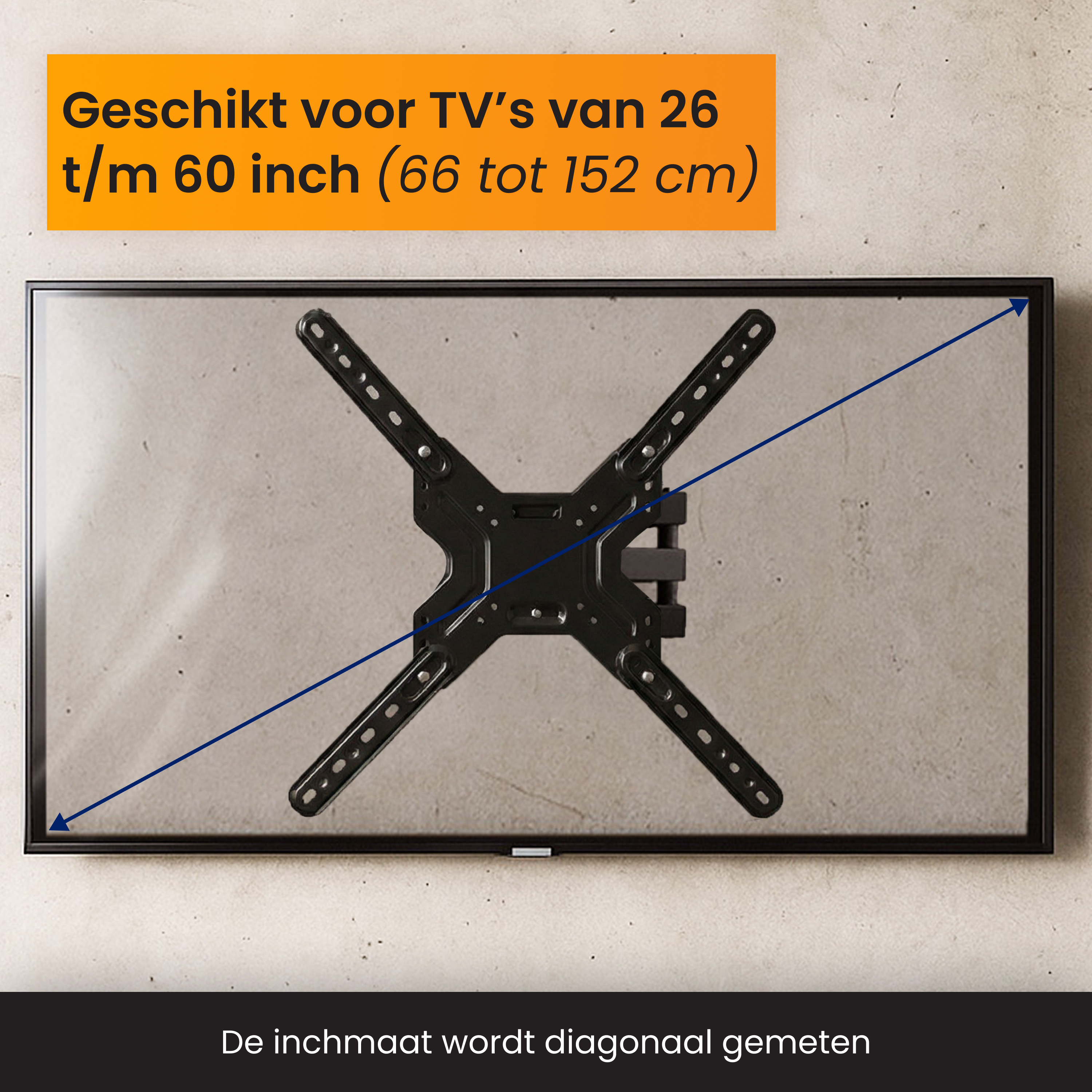 Schwarze TV-Wandhalterung für 26-60 Zoll Fernseher, diagonal gemessen.