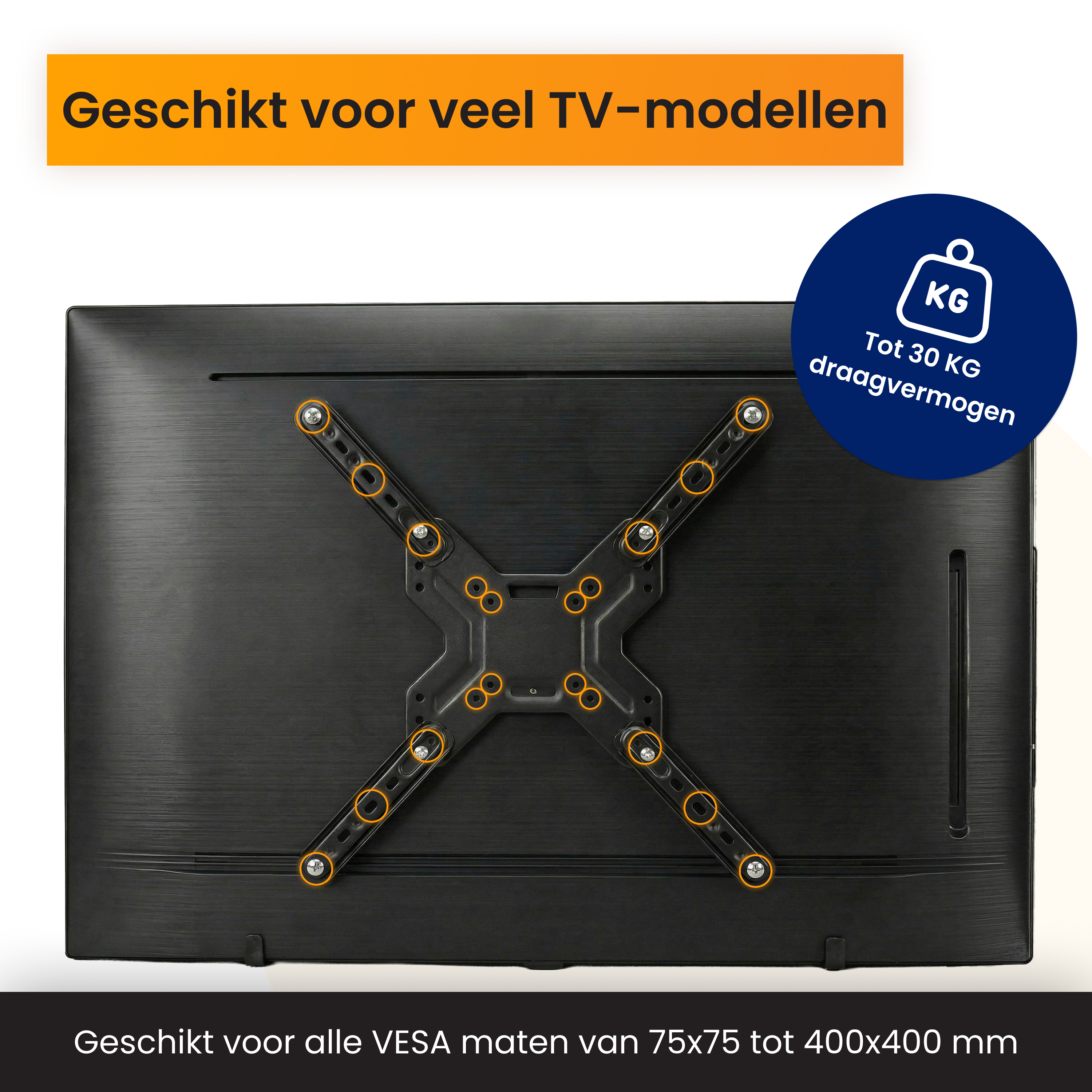 Rückseite eines Fernsehers mit montierter VESA-Halterung, Tragkraft 30 kg.