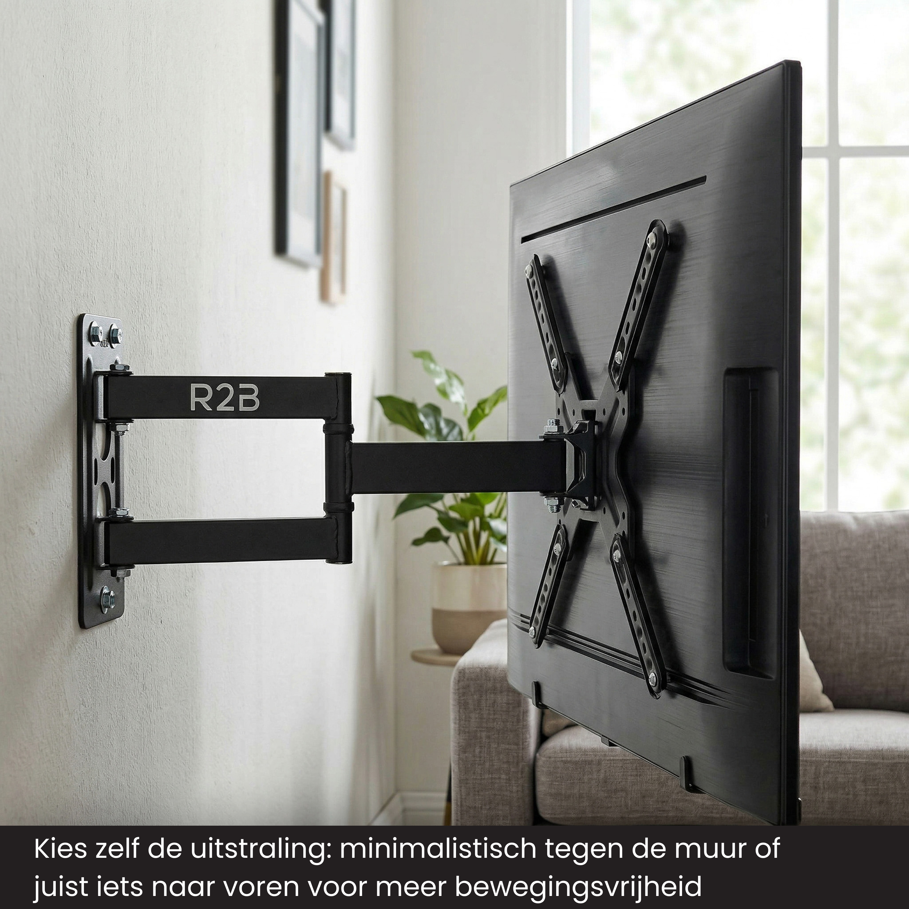 Ein schwarzer Fernsehhalter an einer weißen Wand mit einem Fernseher.