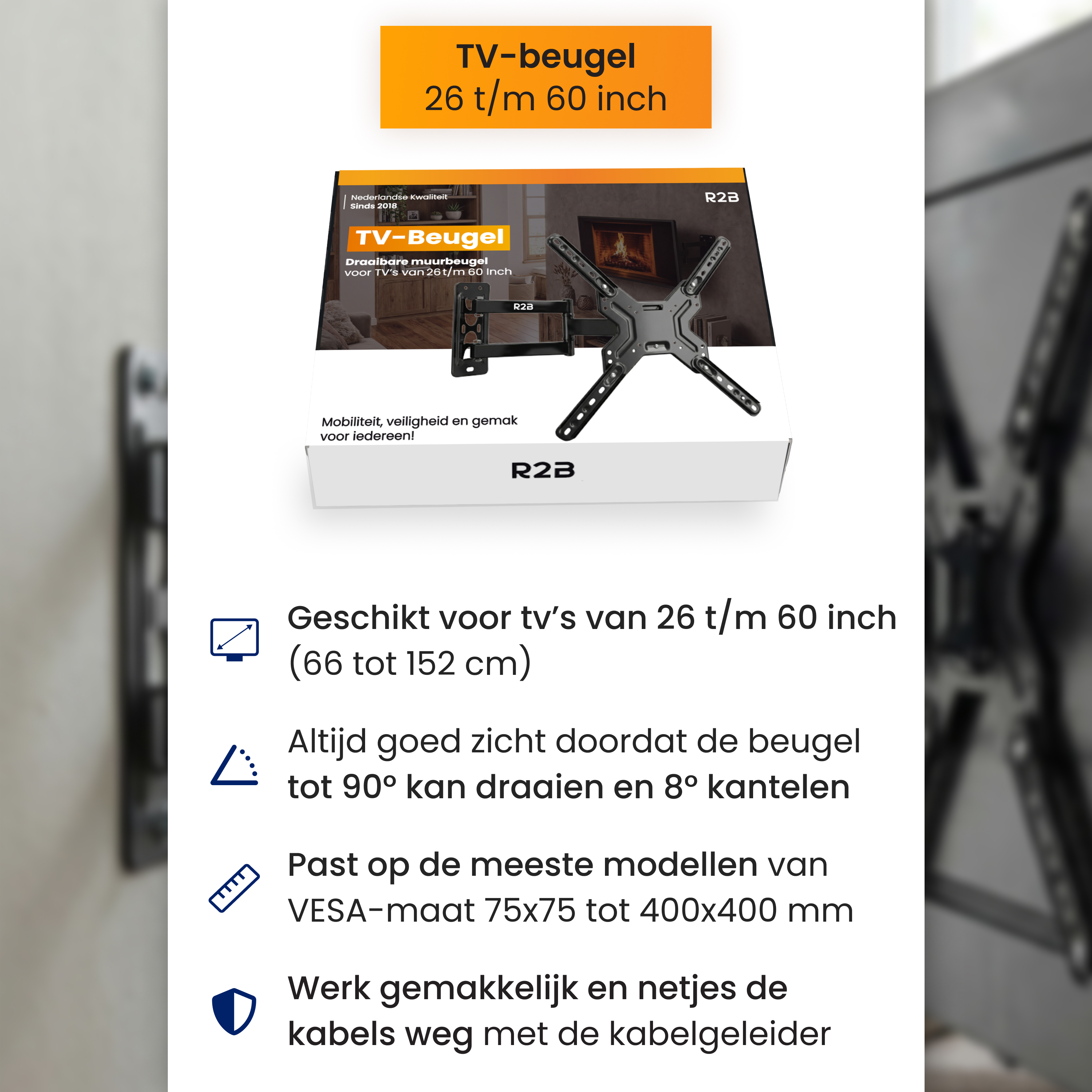 Schwarze TV-Wandhalterung für 26-60 Zoll TVs, schwenkbar, neigbar, VESA 75x75-400x400.
