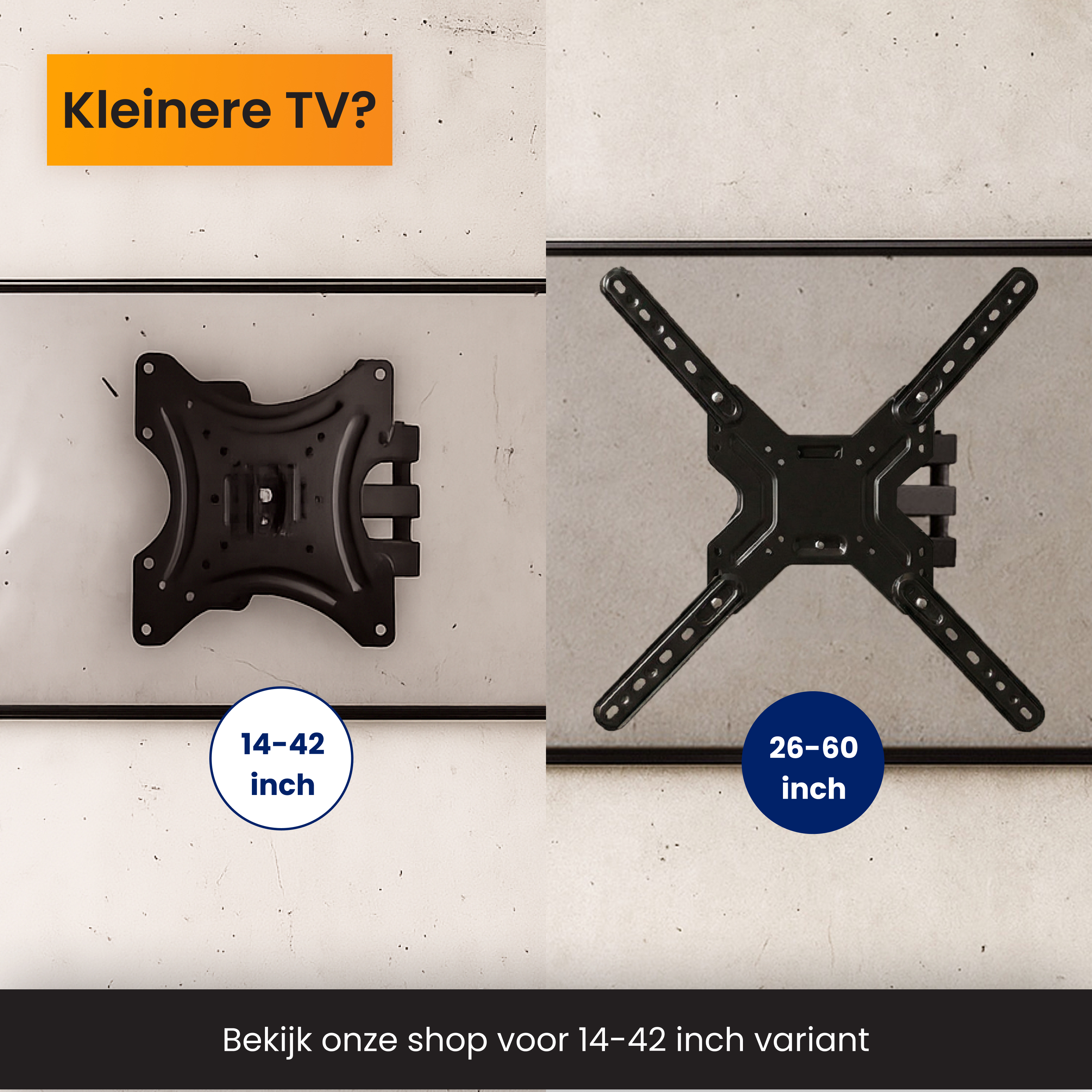 Zwei schwarze TV-Wandhalterungen auf einer Wand, eine für 14-42 Zoll, die andere für 26-60 Zoll.