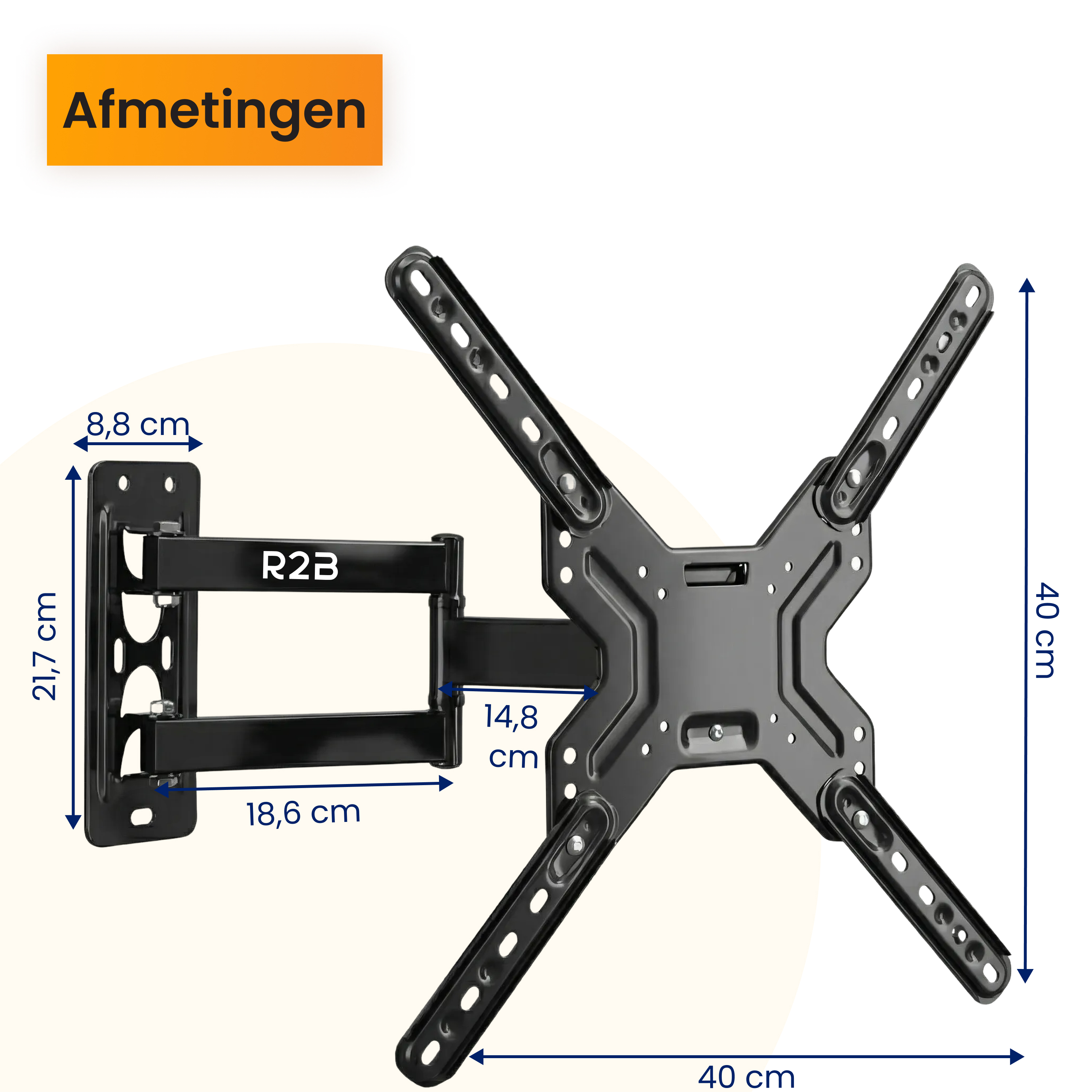 Schwarze Wandhalterung mit Maßen: 40cm hoch, 40cm breit, 21,7cm tief.
