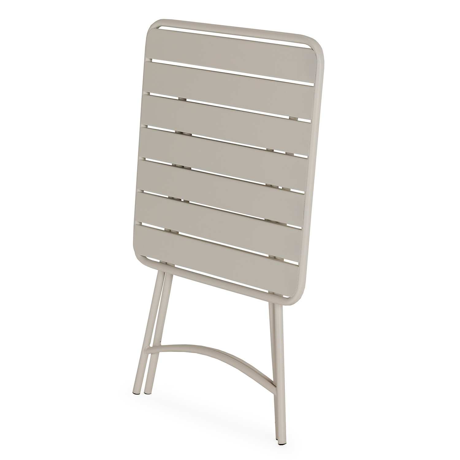 Mesa metálica beige plegada, con superficie de lamas y patas curvas.