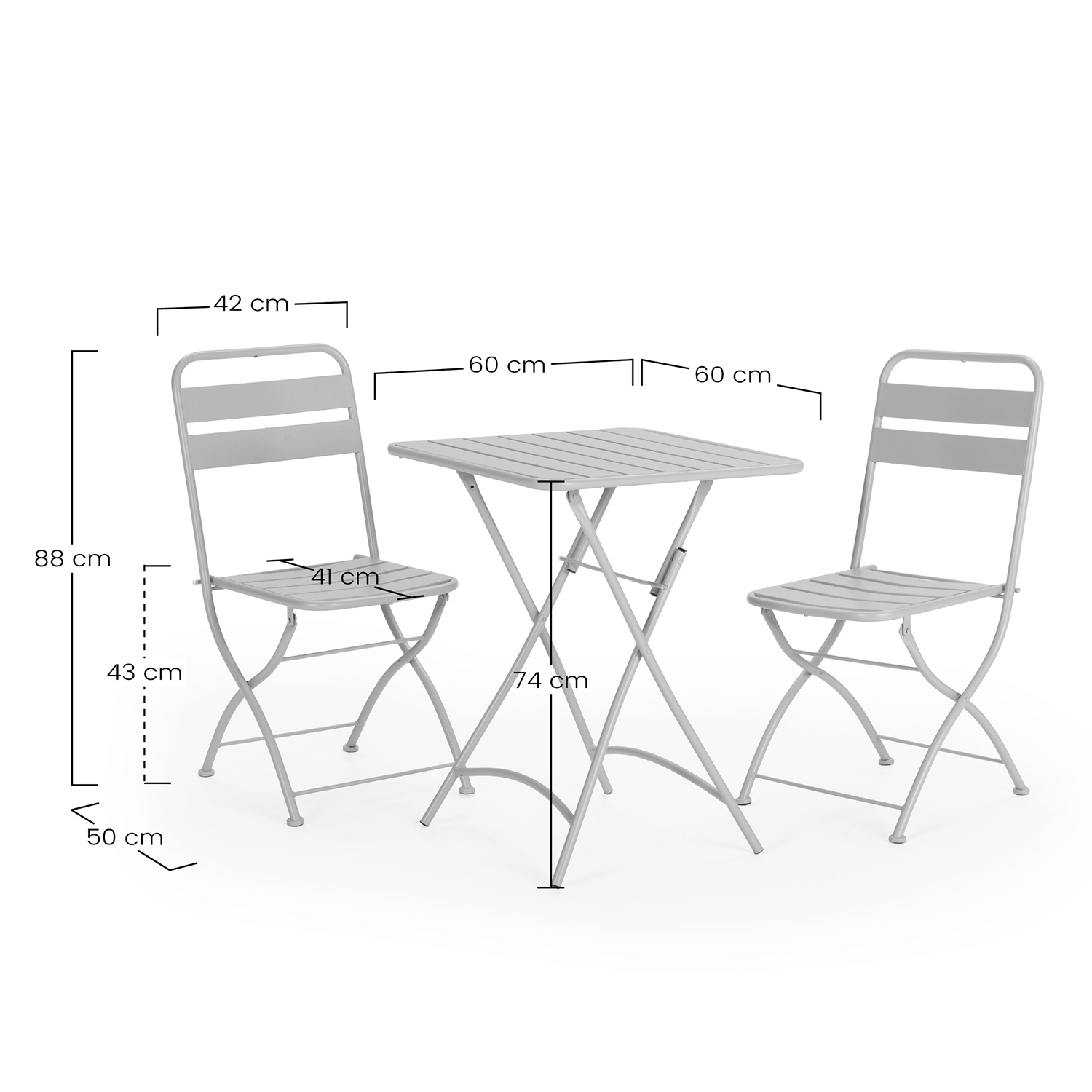 Un juego de mesa de jardín de metal gris con dos sillas y una mesa.