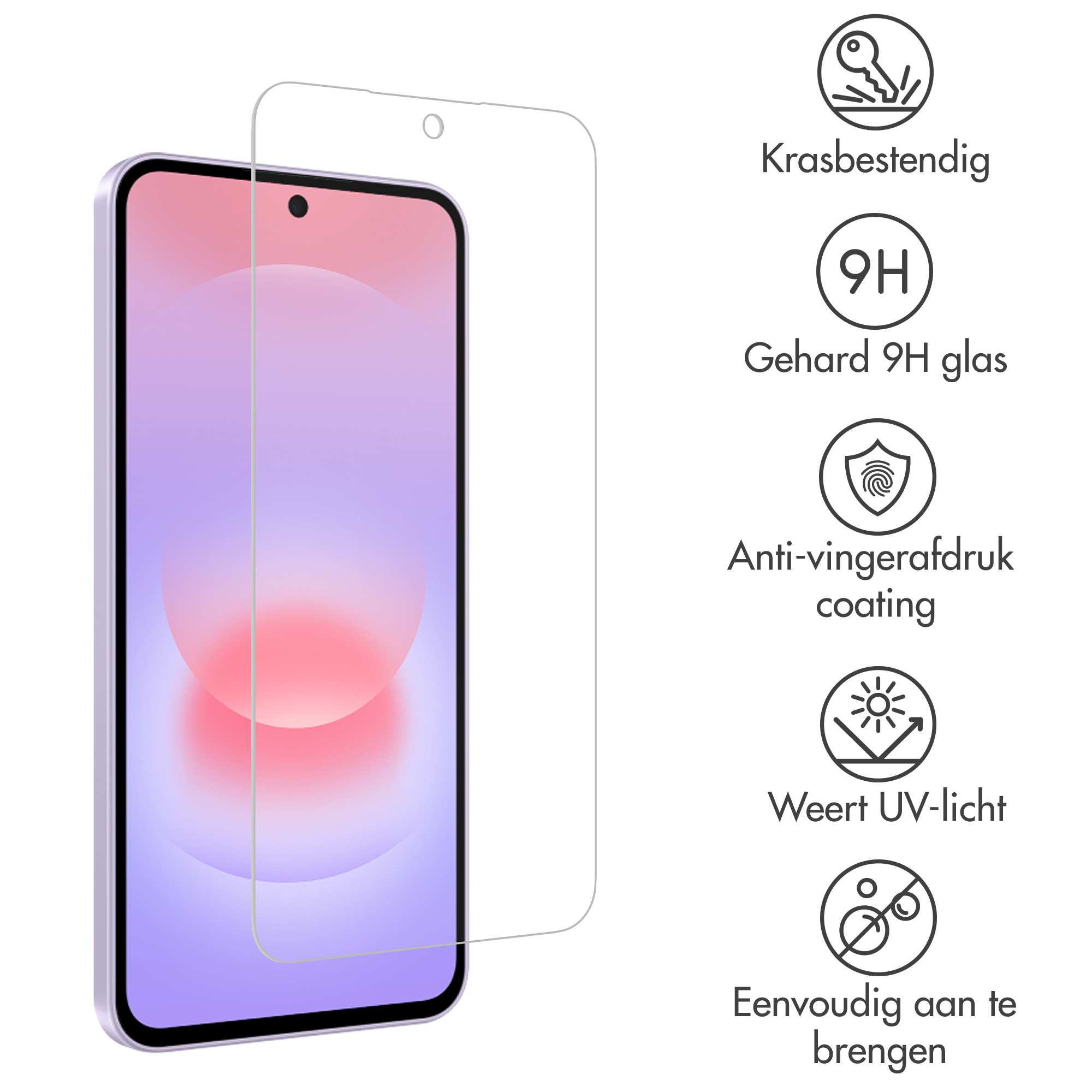 Protezione schermo per smartphone con icone resistenza graffi, durezza 9H, rivestimento anti-impronta.
