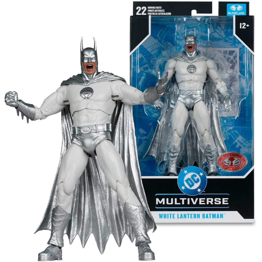 White Lantern Batman Actionfigur mit silbernem Cape und detaillierter Kleidung.