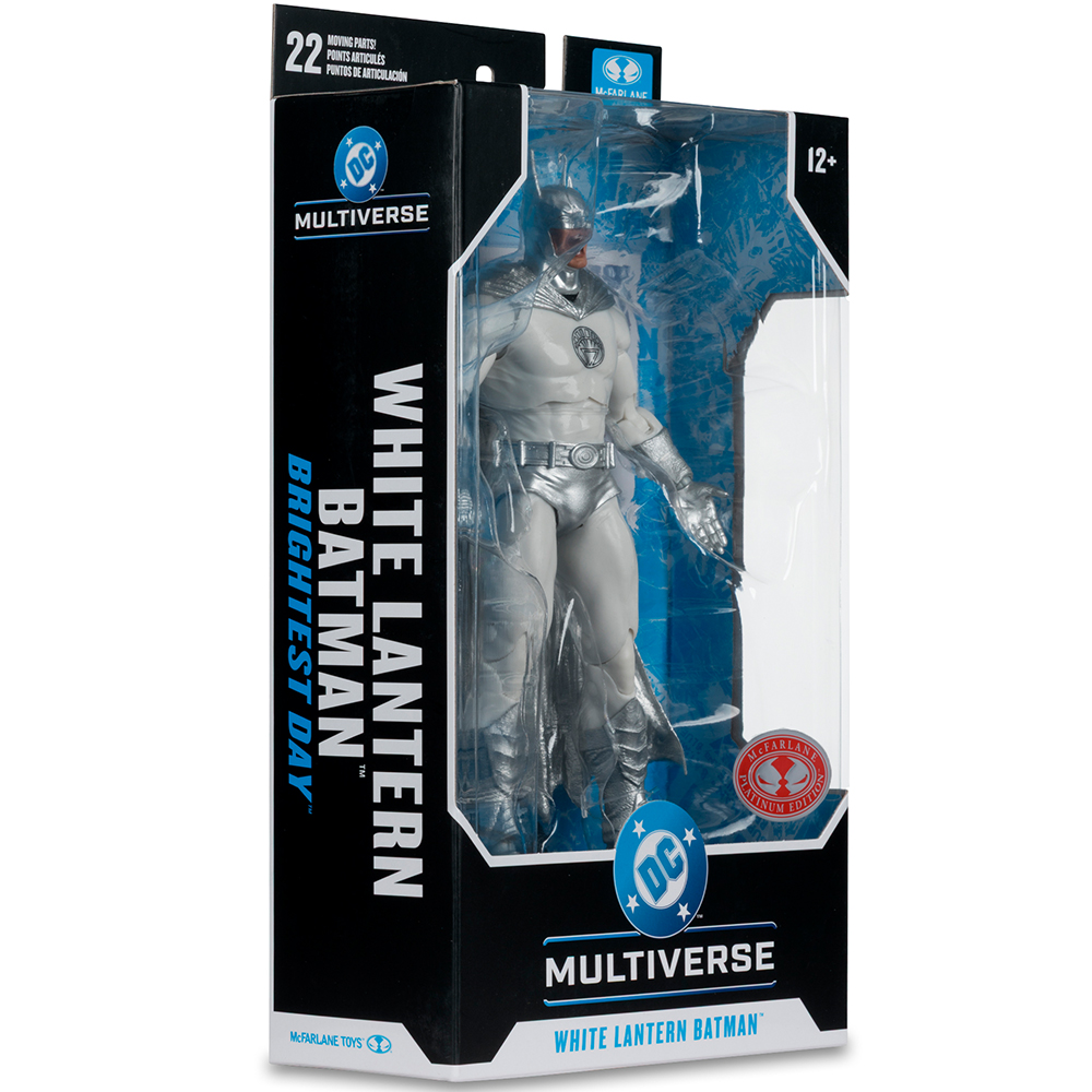 Actionfigur des White Lantern Batman in einer schwarzen Box mit DC-Logo.