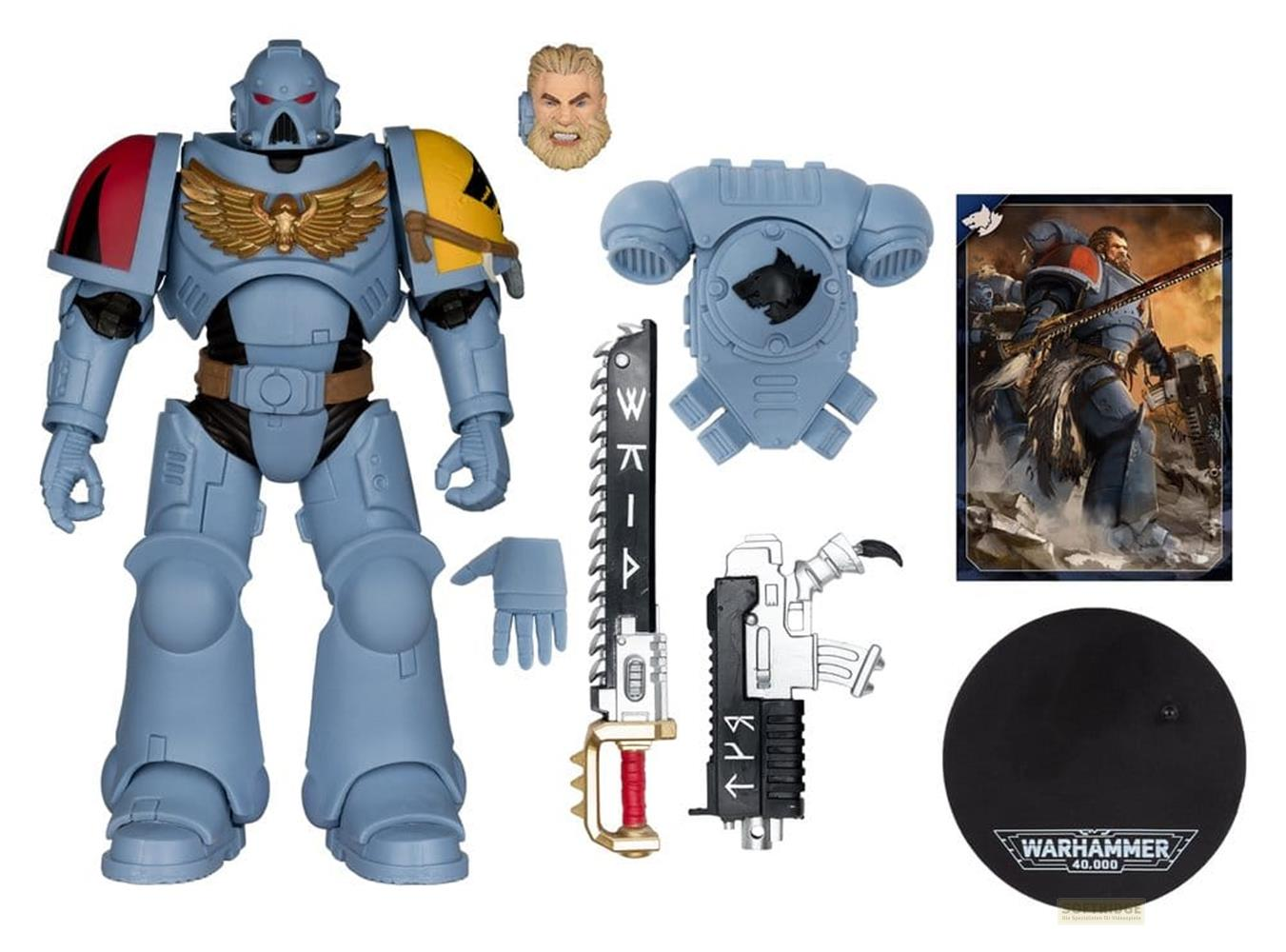 Actionfigur eines blauen Space Marines mit goldenem Brustpanzer, Axt und Gewehr.