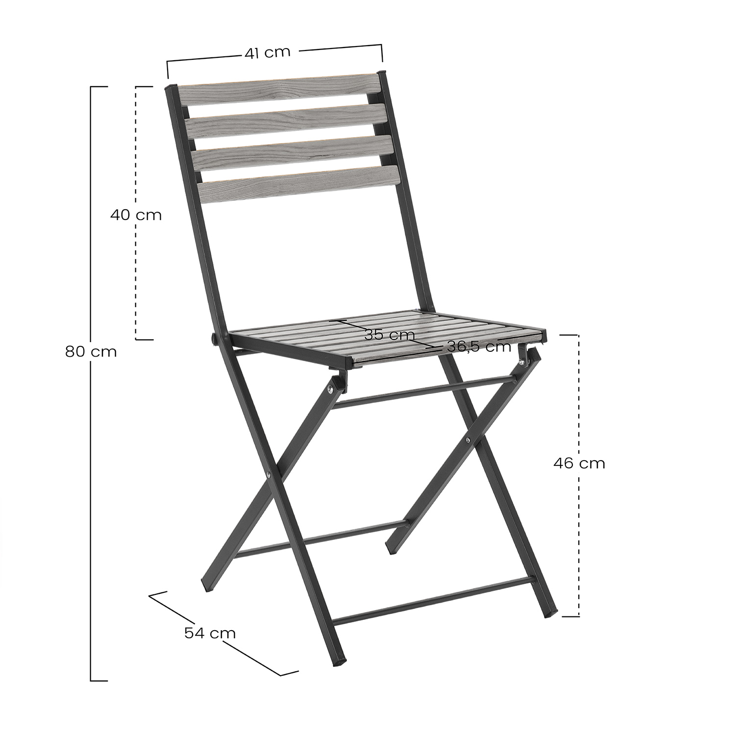 Una silla plegable gris con listones de madera y patas metálicas negras.