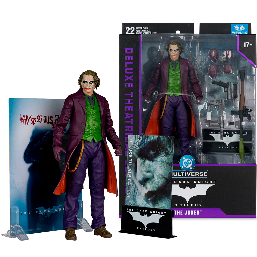 Actionfigur des Jokers aus Dark Knight in Lila, Grün und Orange, mit Zubehör und Verpackung.