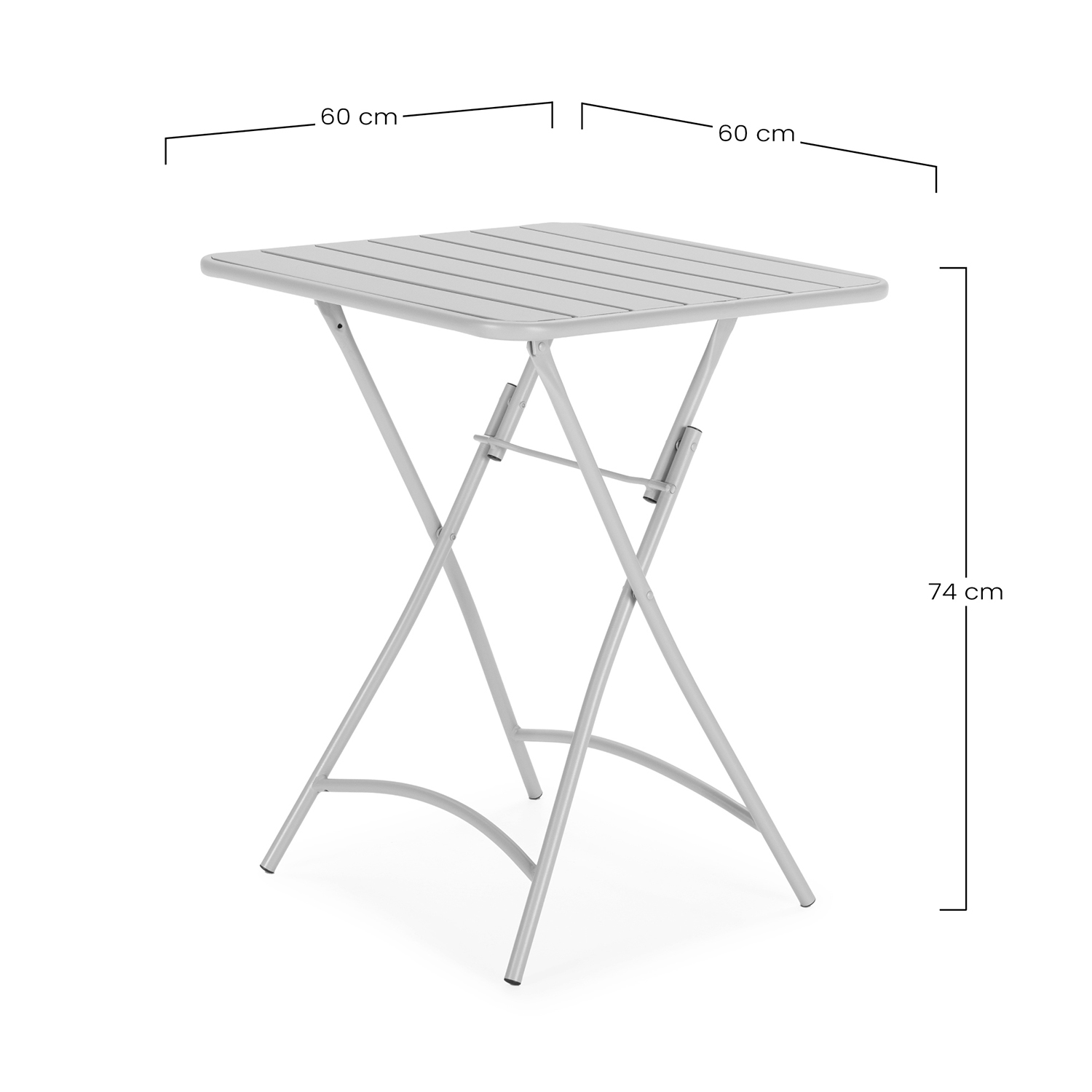 Una mesa plegable gris pequeña, 60x60 cm, 74 cm de altura.