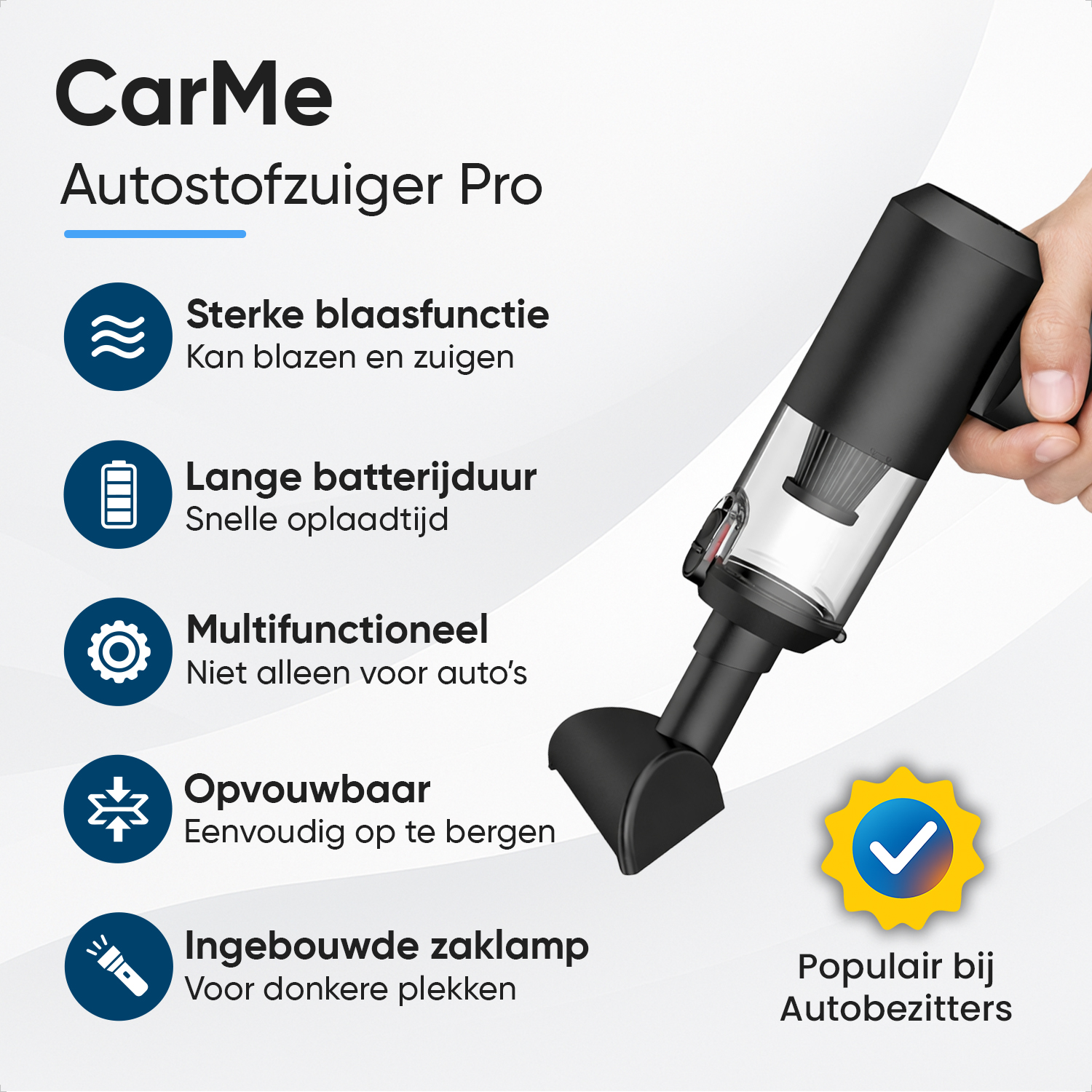 Black handheld vacuum cleaner with icons for functions and battery.