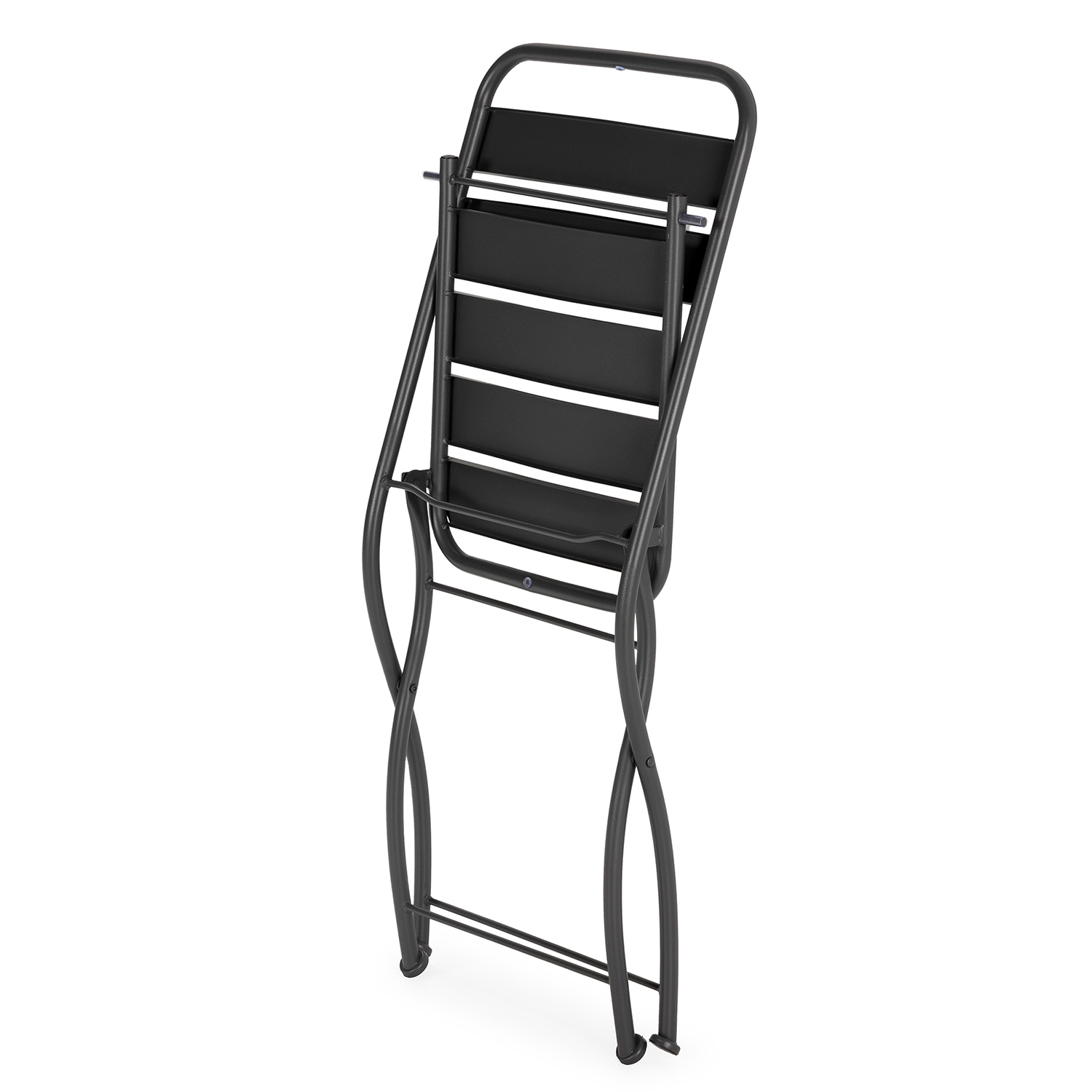 Silla plegable de metal negra mostrada de frente sobre fondo blanco.