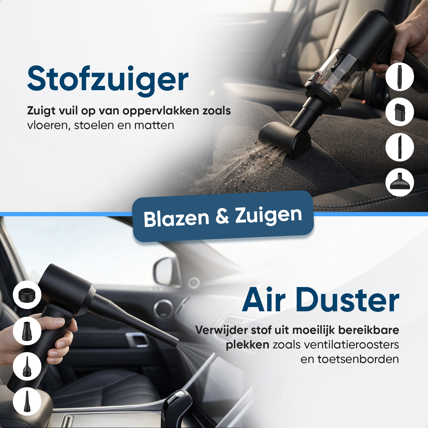 A black handheld vacuum cleans a car seat surface. An air duster blows dust from vents.