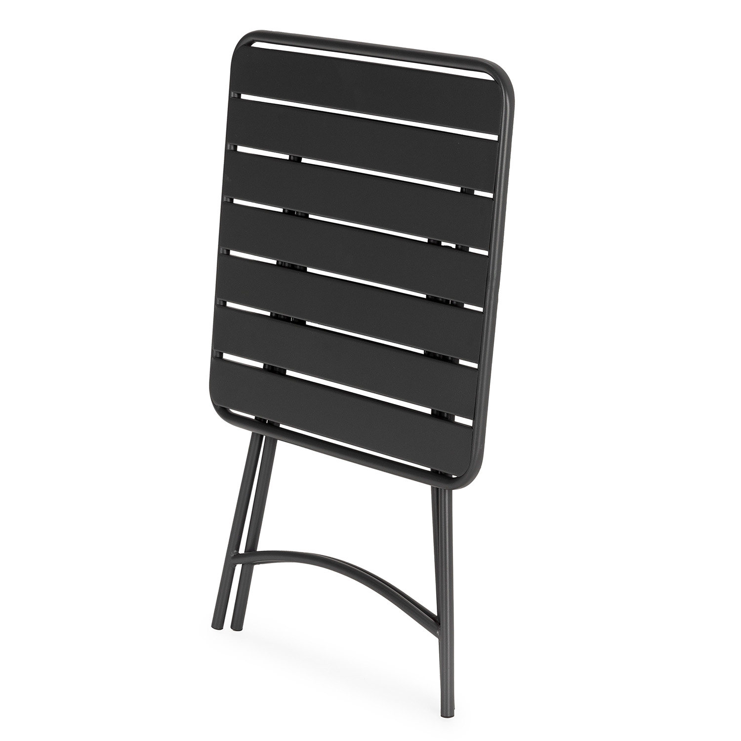 Mesa plegable negra con superficie de listones y patas curvas.