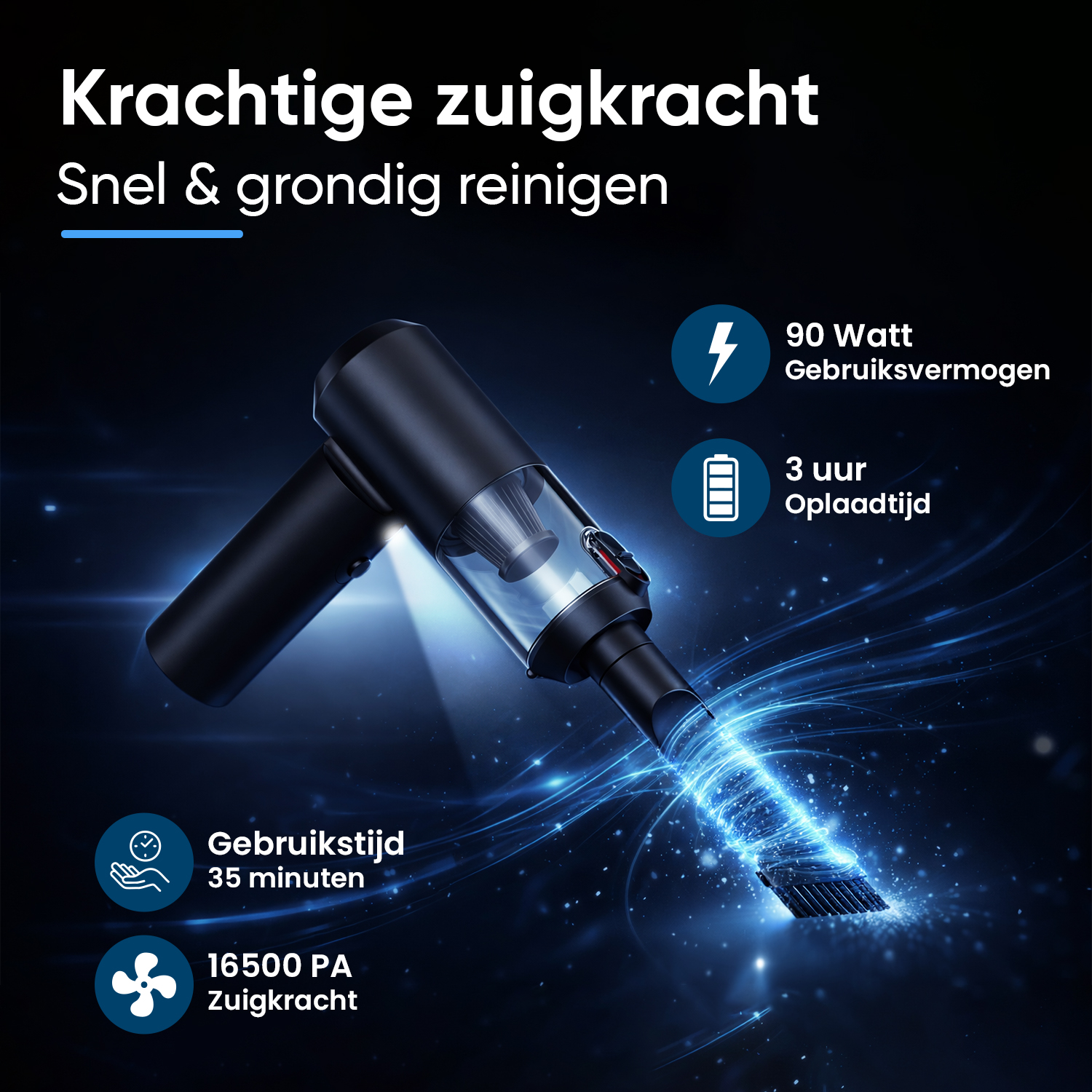 Black handheld vacuum cleaner with blue light effects, 90W power, 35min runtime.