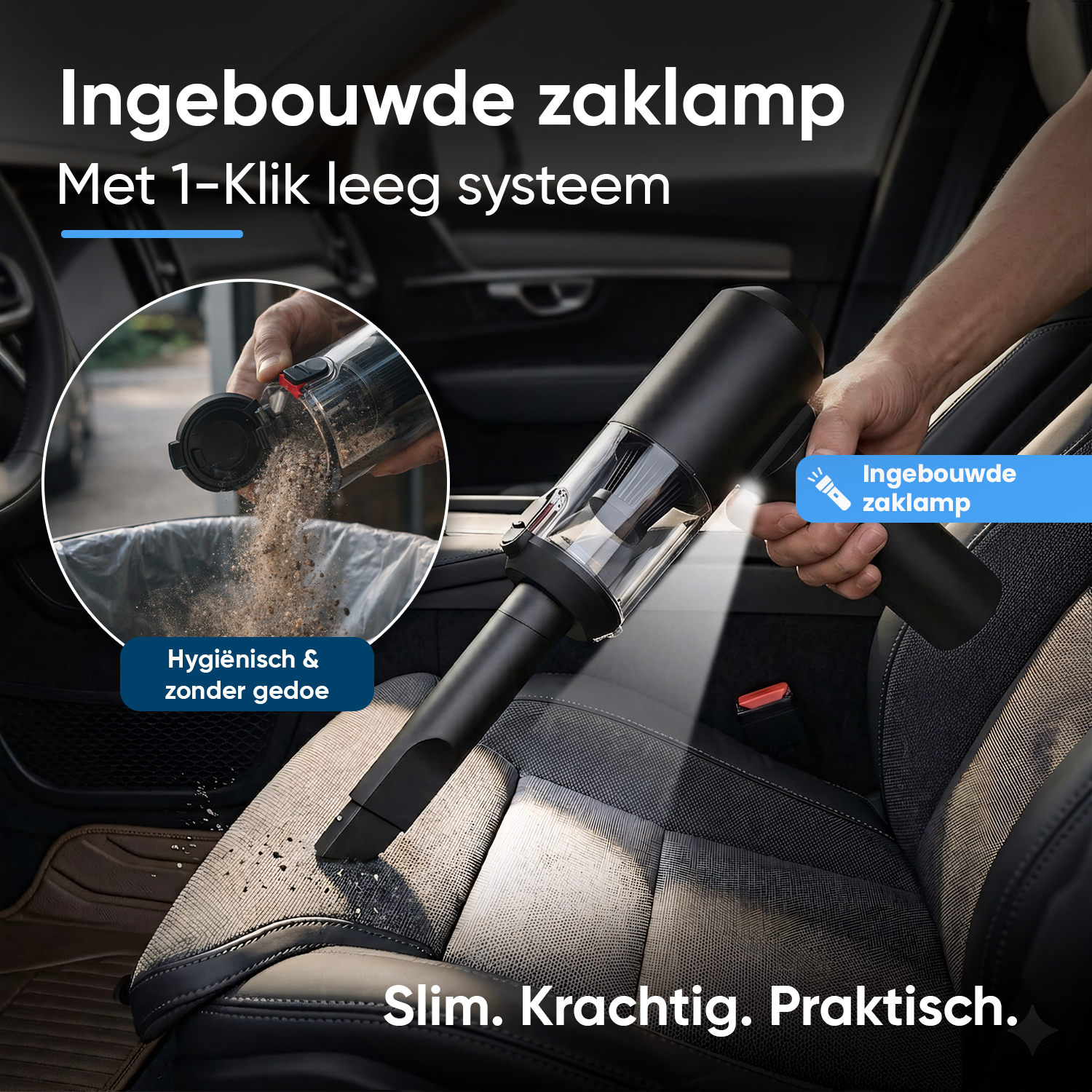 Black handheld vacuum cleaning car seat. Dust being emptied into trash can.