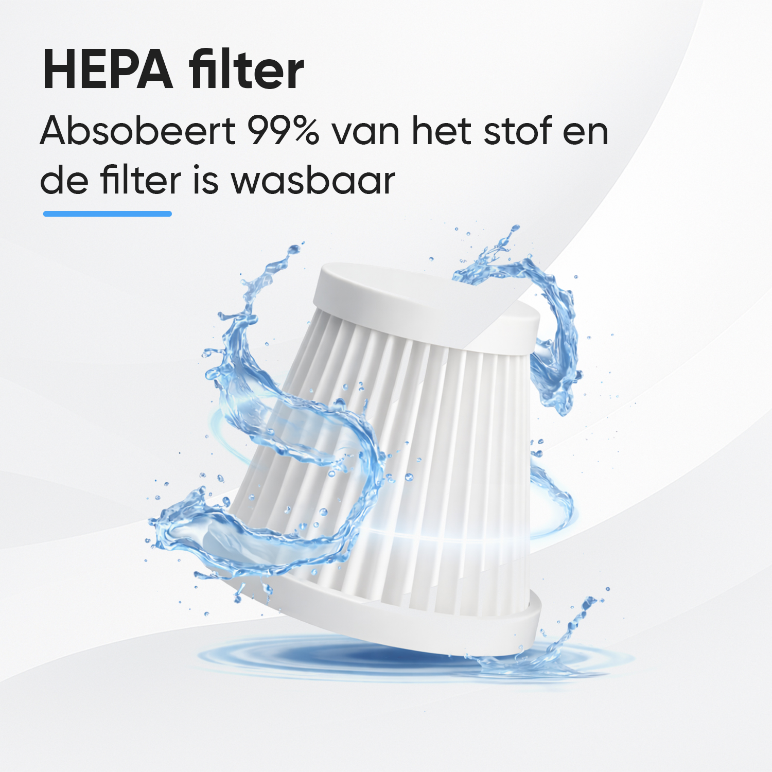 A white HEPA filter is shown surrounded by water splashes.