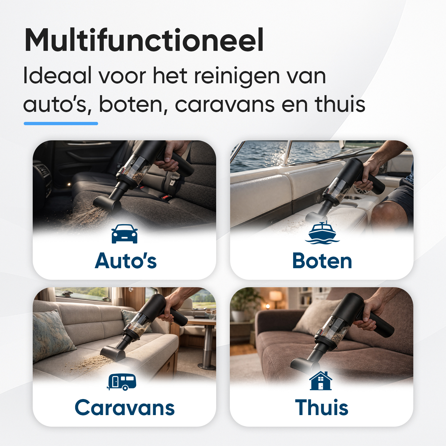 Versatile handheld vacuum cleans cars, boats, caravans, and homes.