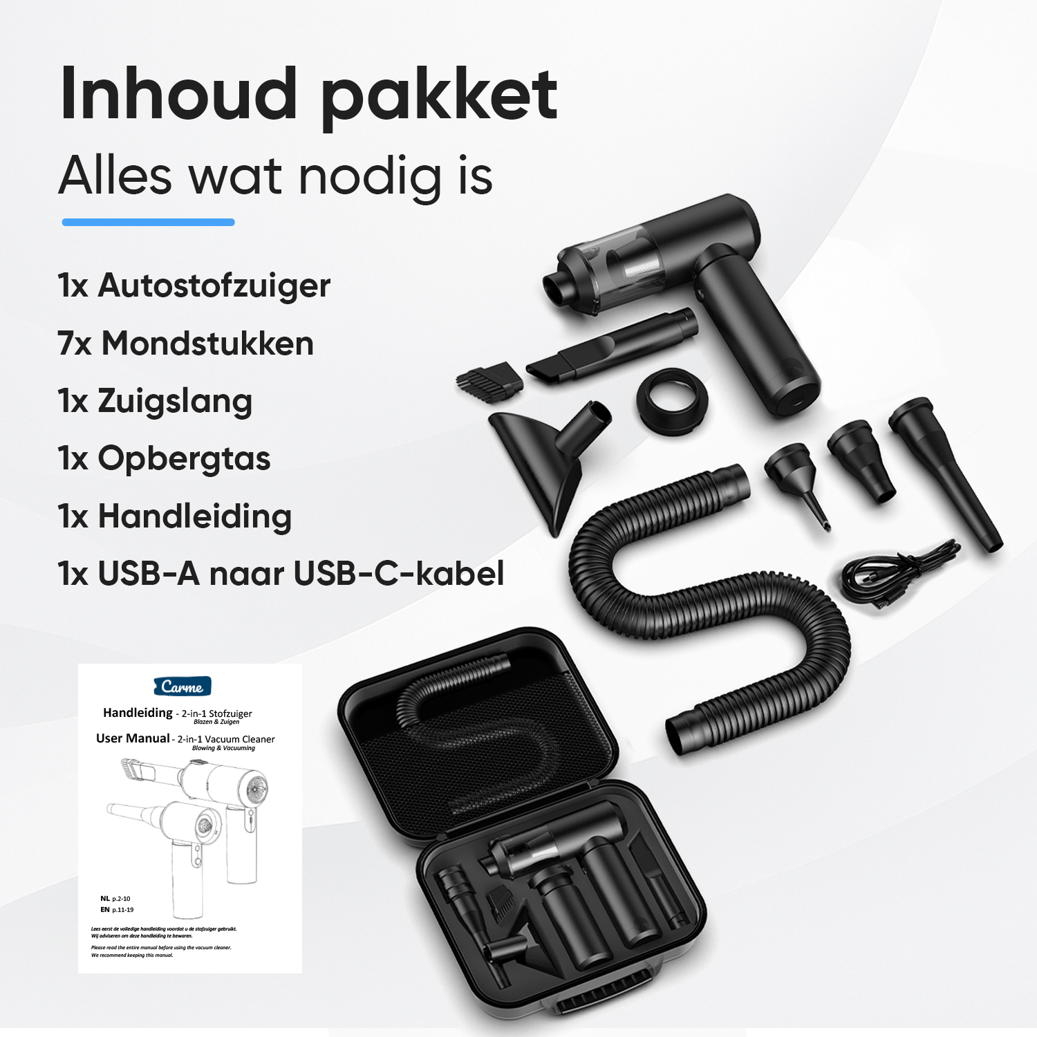 Package contents: Vacuum cleaner, 7 nozzles, hose, case, manual, cable.