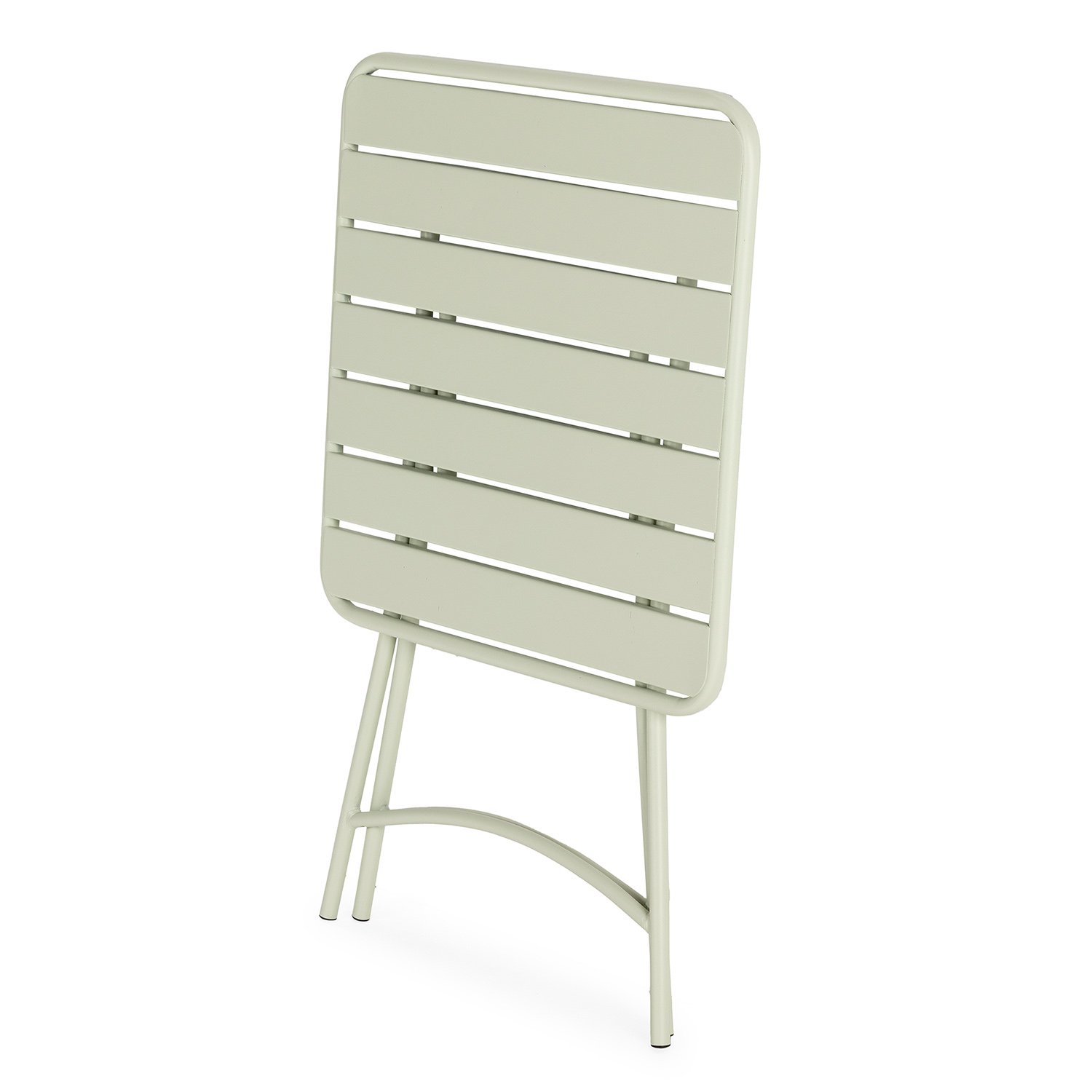 Una mesa plegable de metal verde claro con superficie acanalada se apoya en tres patas.