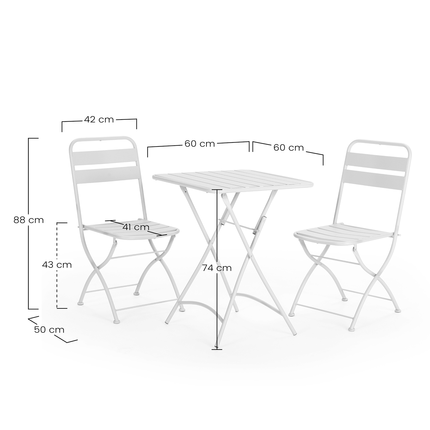 Mesa plegable blanca con dos sillas, se muestran las dimensiones.