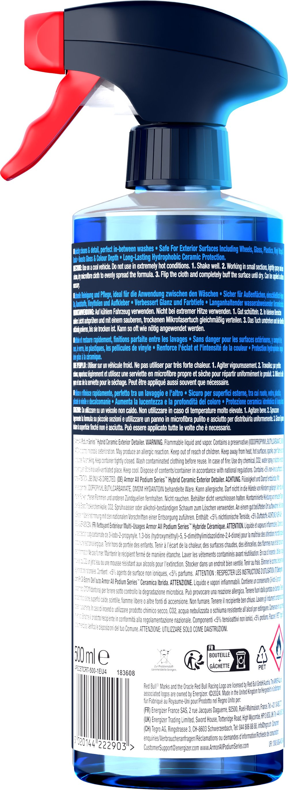 Dettaglio flacone spray blu con grilletto rosso e tappo nero.