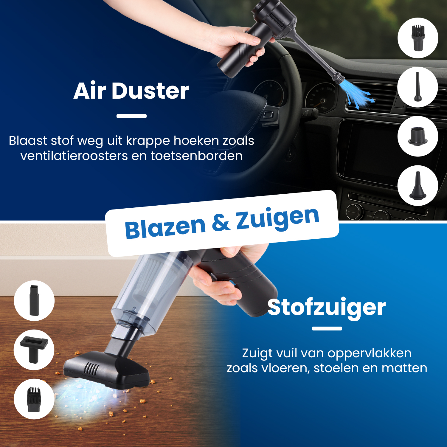 Air duster cleans car interior; vacuum cleans floor. Includes attachments.