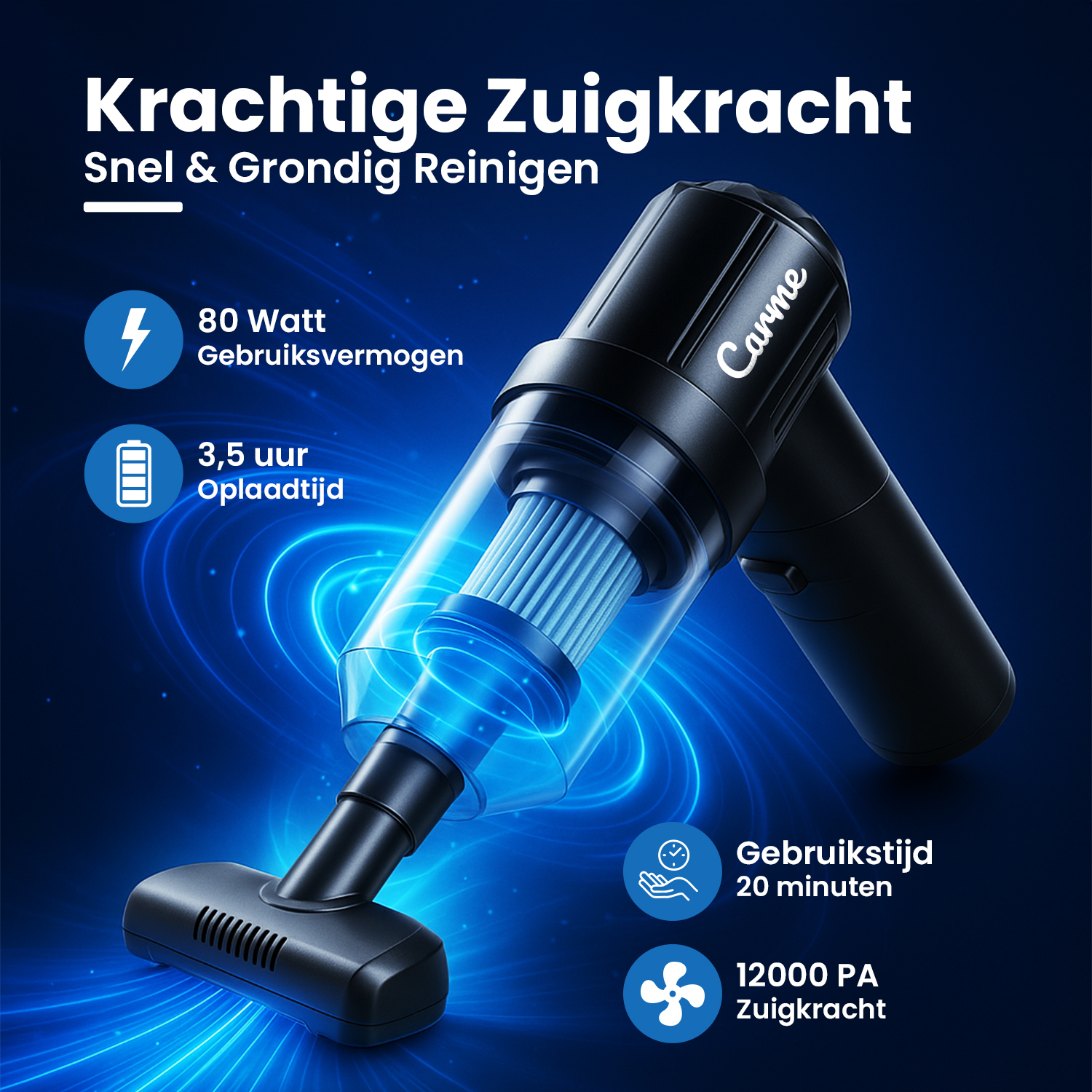 Black Carme vacuum cleaner with blue light effects. Features 80W, 3.5h charge, 20min use, 12000PA.