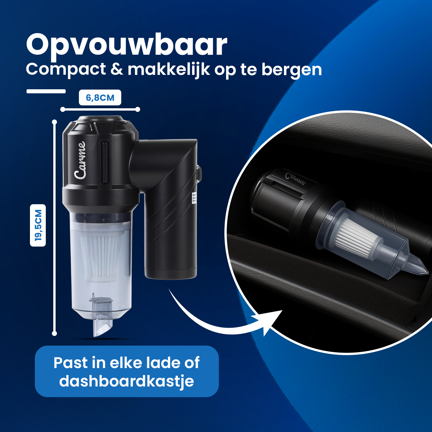 Compact black handheld vacuum, 19.5x6.8cm, fits in drawers.