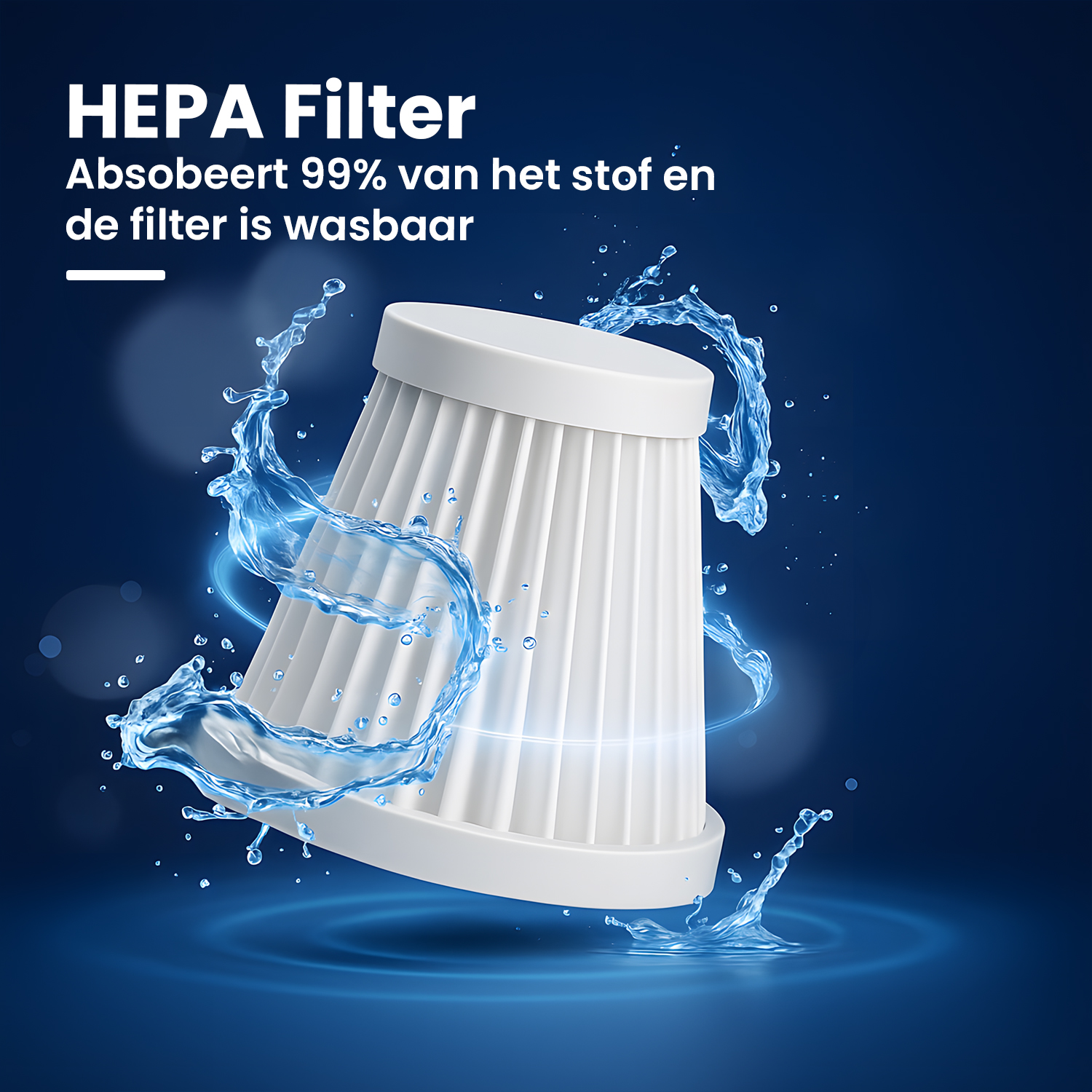 A white HEPA filter with water splashing around it, against a dark blue background.