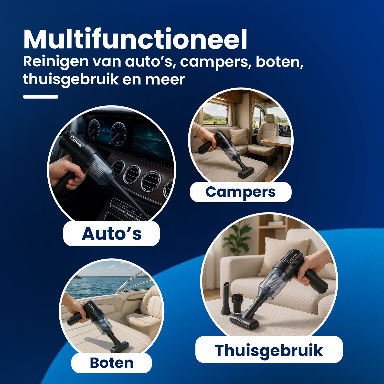 Multifunctional cleaner for cars, campers, boats, and home use.