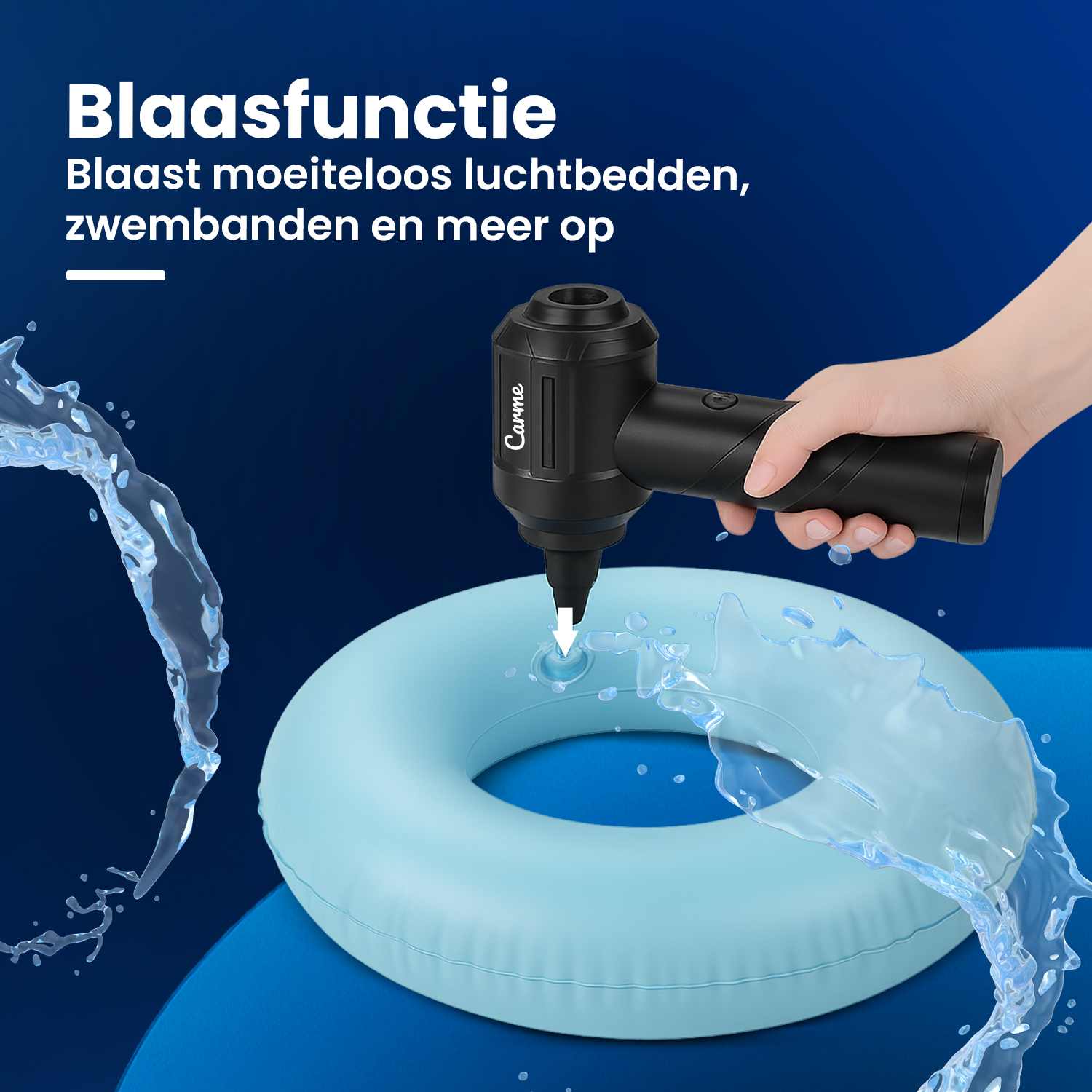 A black portable inflator is used to inflate a light blue swim ring, with water splashing.