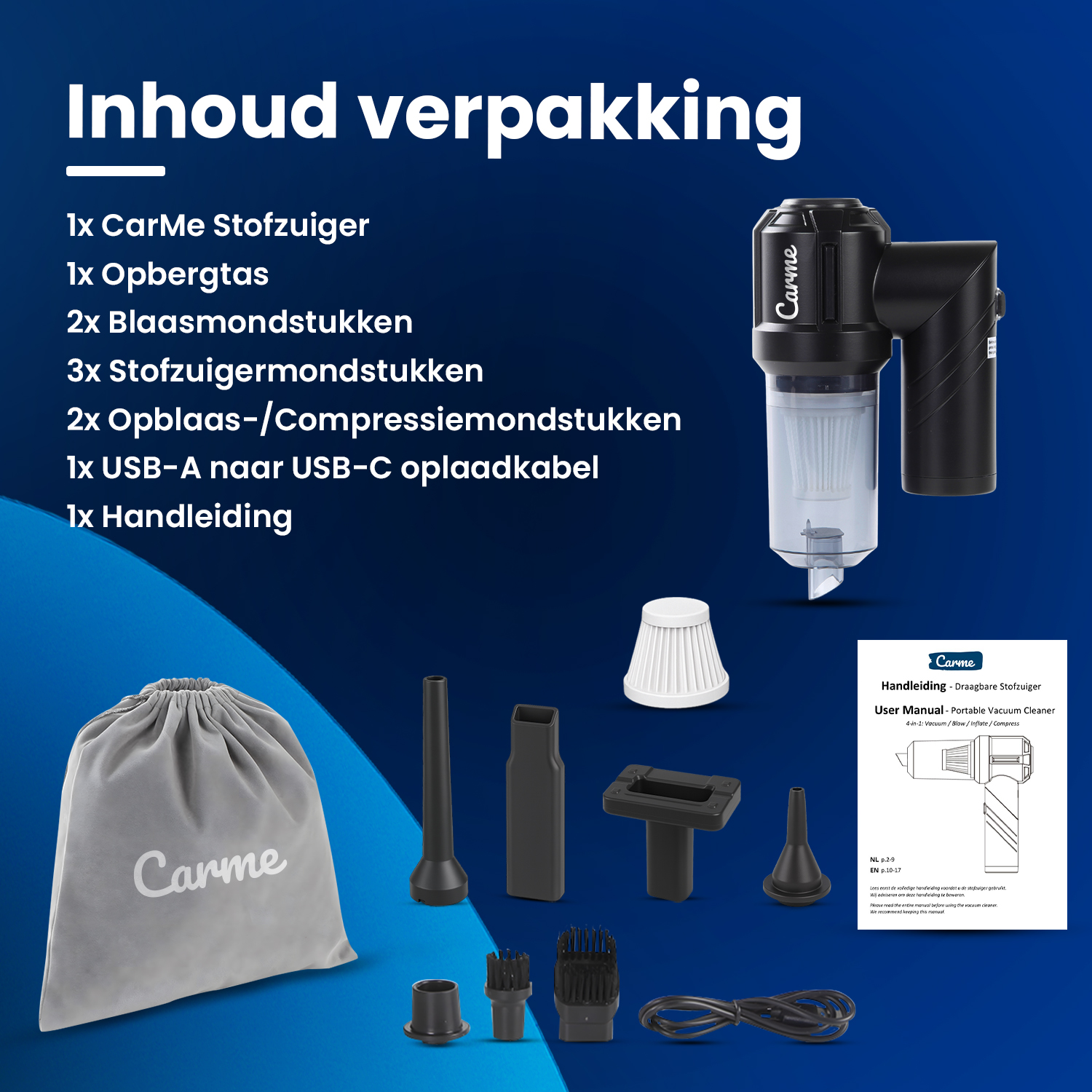 Package contents: vacuum, bag, nozzles, cable, and manual.
