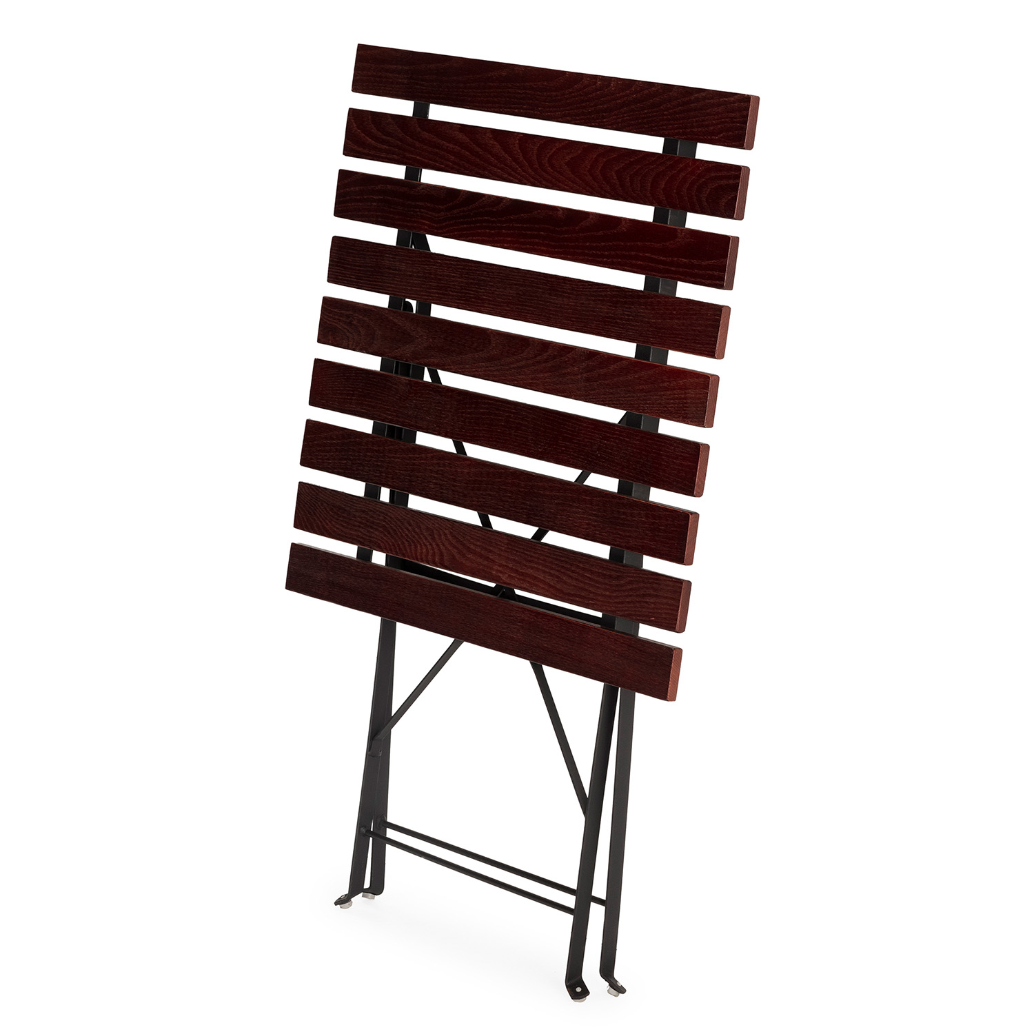 Una mesa plegable de madera marrón oscura con marco de metal negro sobre fondo blanco.