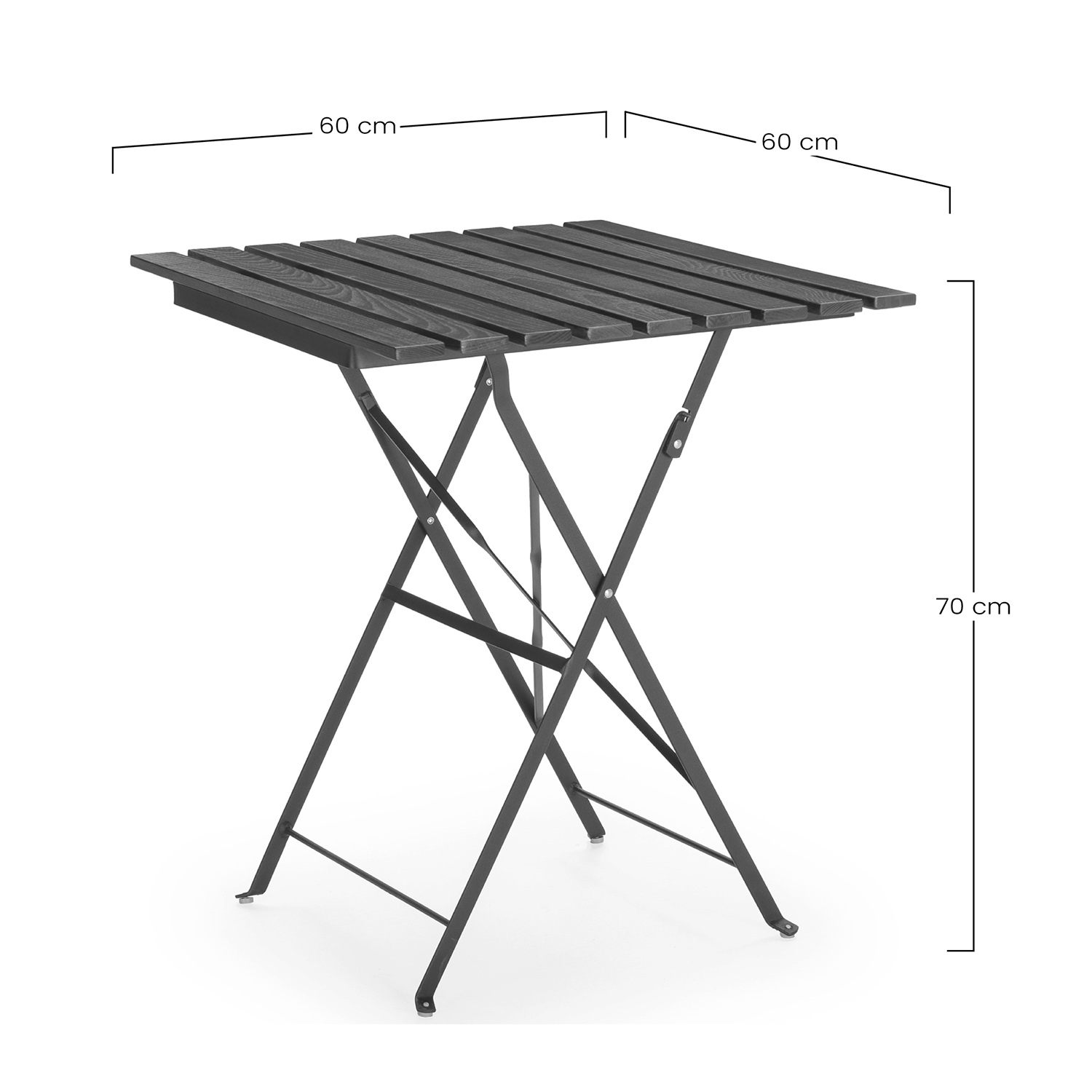 Una mesa de madera oscura plegable con estructura metálica, 60x60 cm y 70 cm de alto.