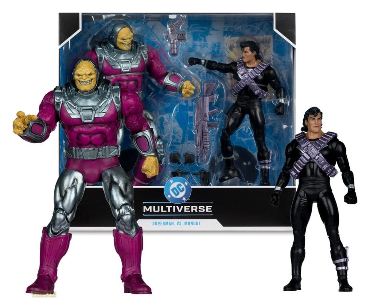 Actionfiguren von DC Multiverse Superman vs. Mongul mit lila und silbernen Figuren.
