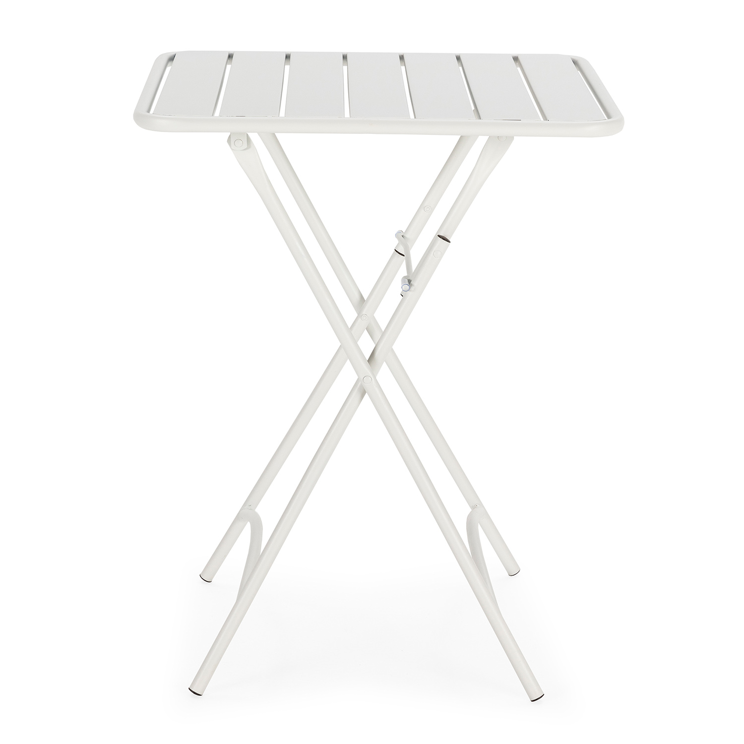 Una mesa plegable blanca con tapa de listones y patas cruzadas.