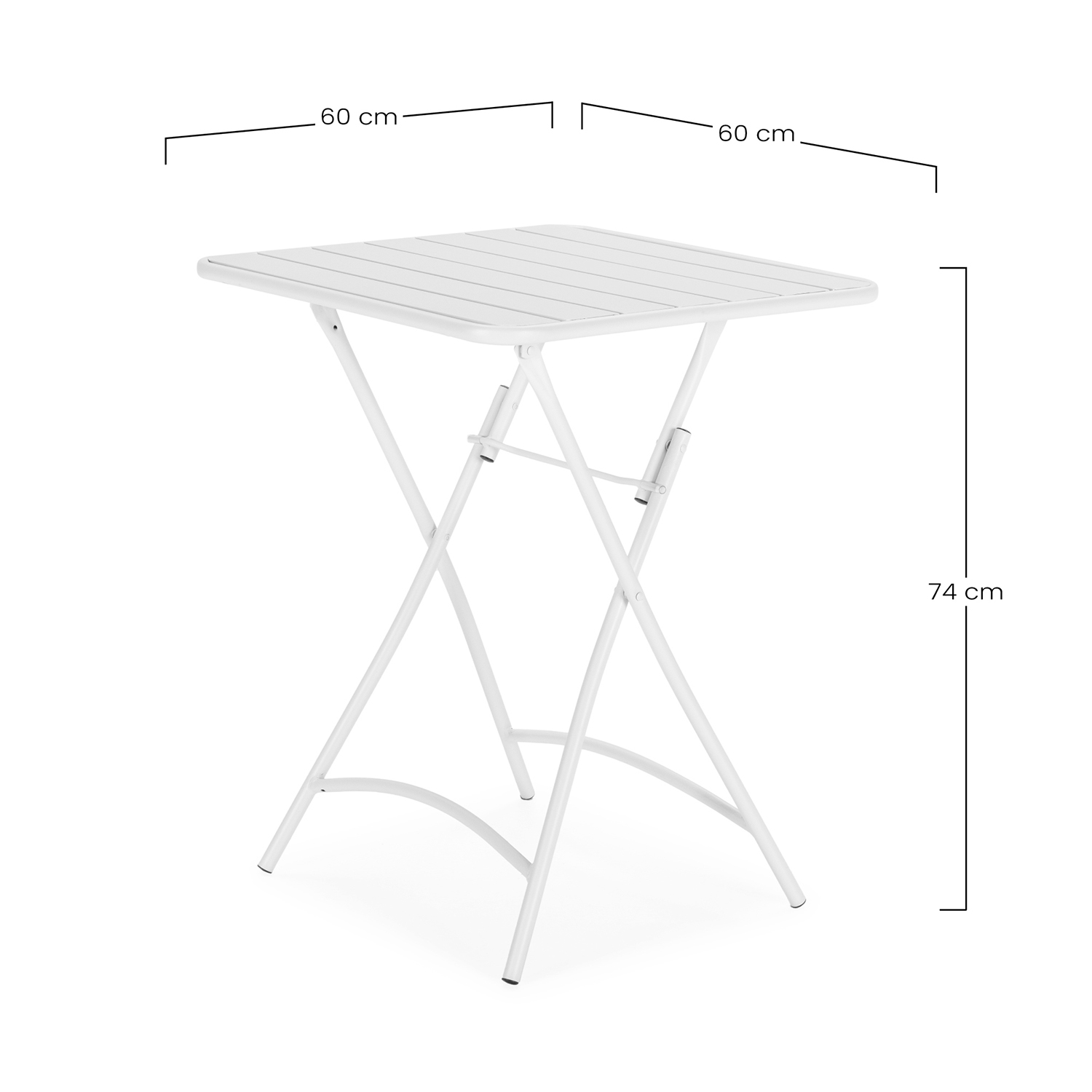 Mesa plegable blanca, 60x60x74 cm, con tapa de listones y patas en X.