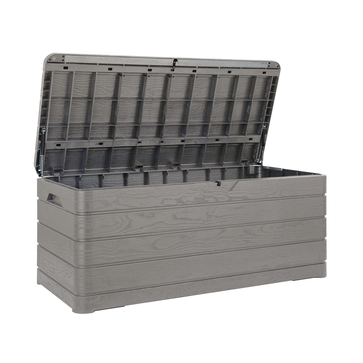 Grey plastic storage box with open lid and wood grain texture.