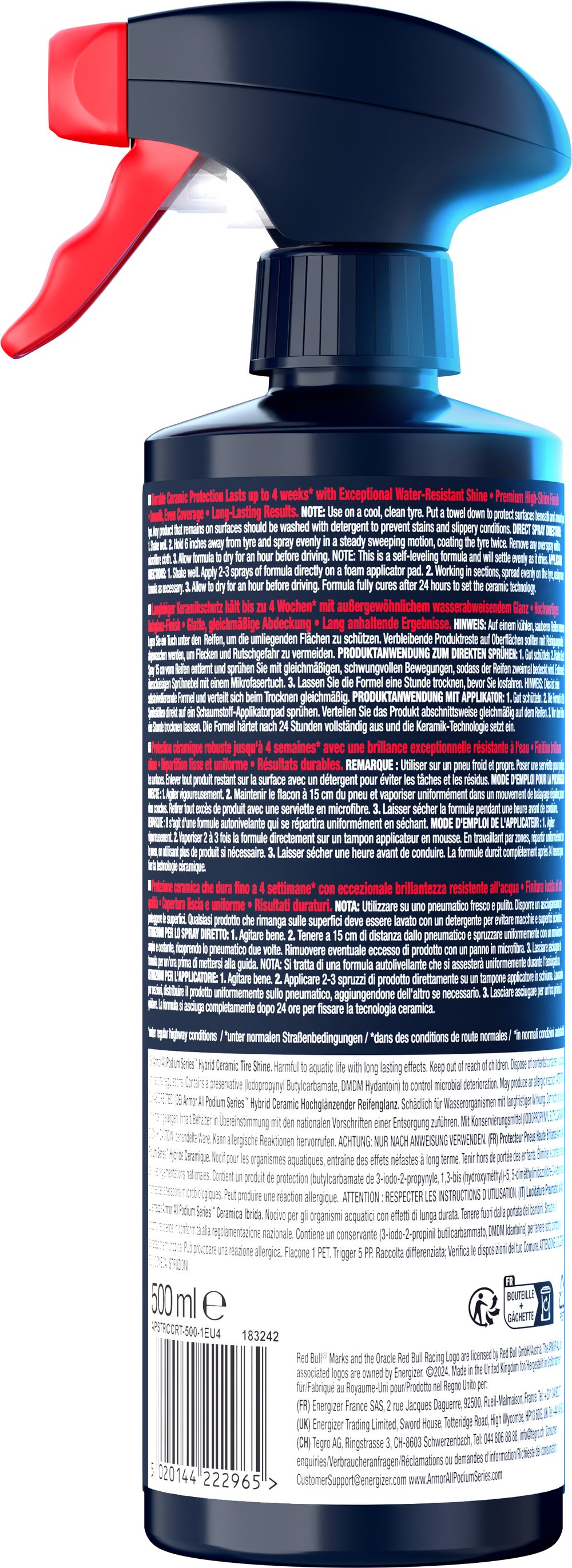 Pulitore spray blu scuro con grilletto rosso. Testo in inglese, tedesco, francese, italiano.