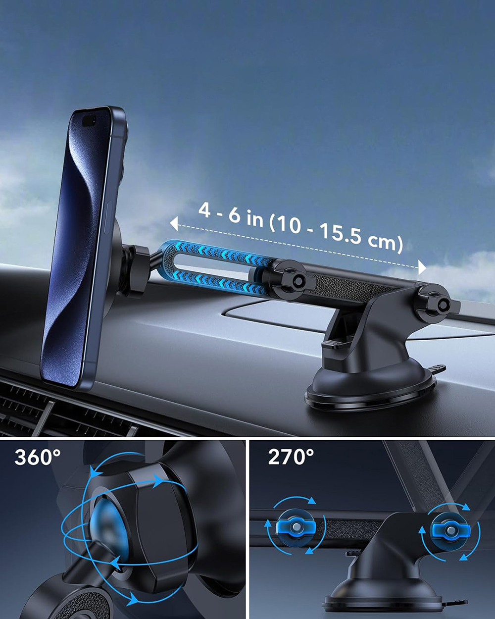 Supporto auto per telefono con ventosa, regolabile per dispositivi da 4-6 pollici.